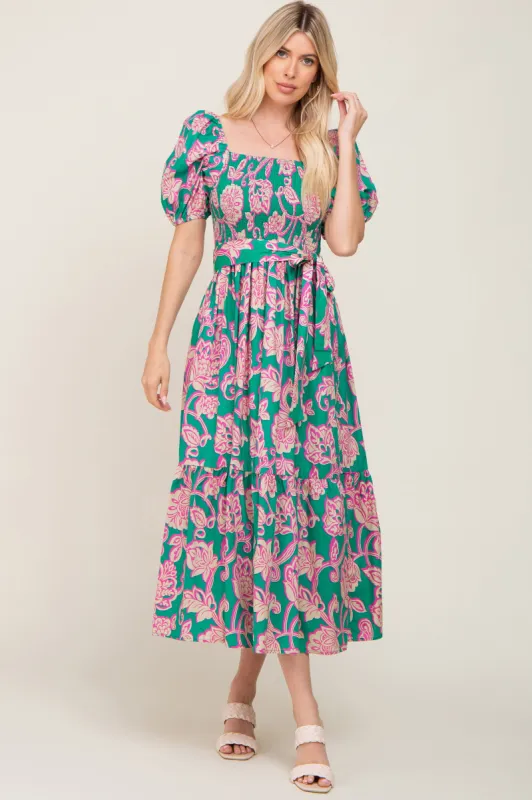 Teal Floral Square Neck Smocked Midi Dress sold by Pinkblush