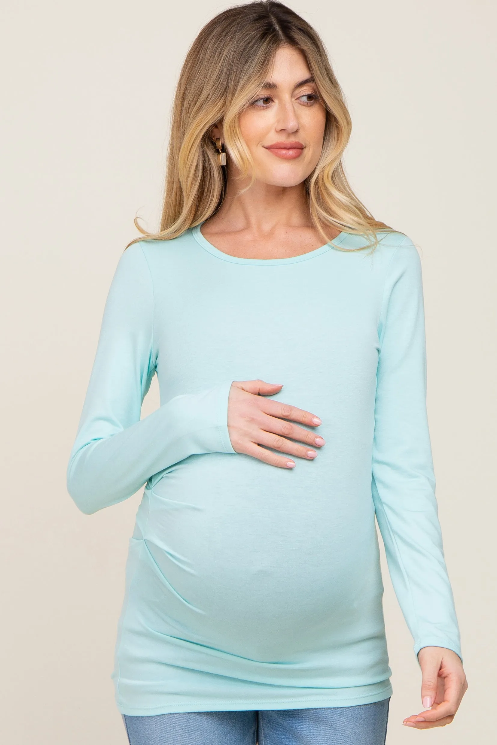Aqua Blue Ruched Side Long Sleeve Maternity Top sold by Pinkblush