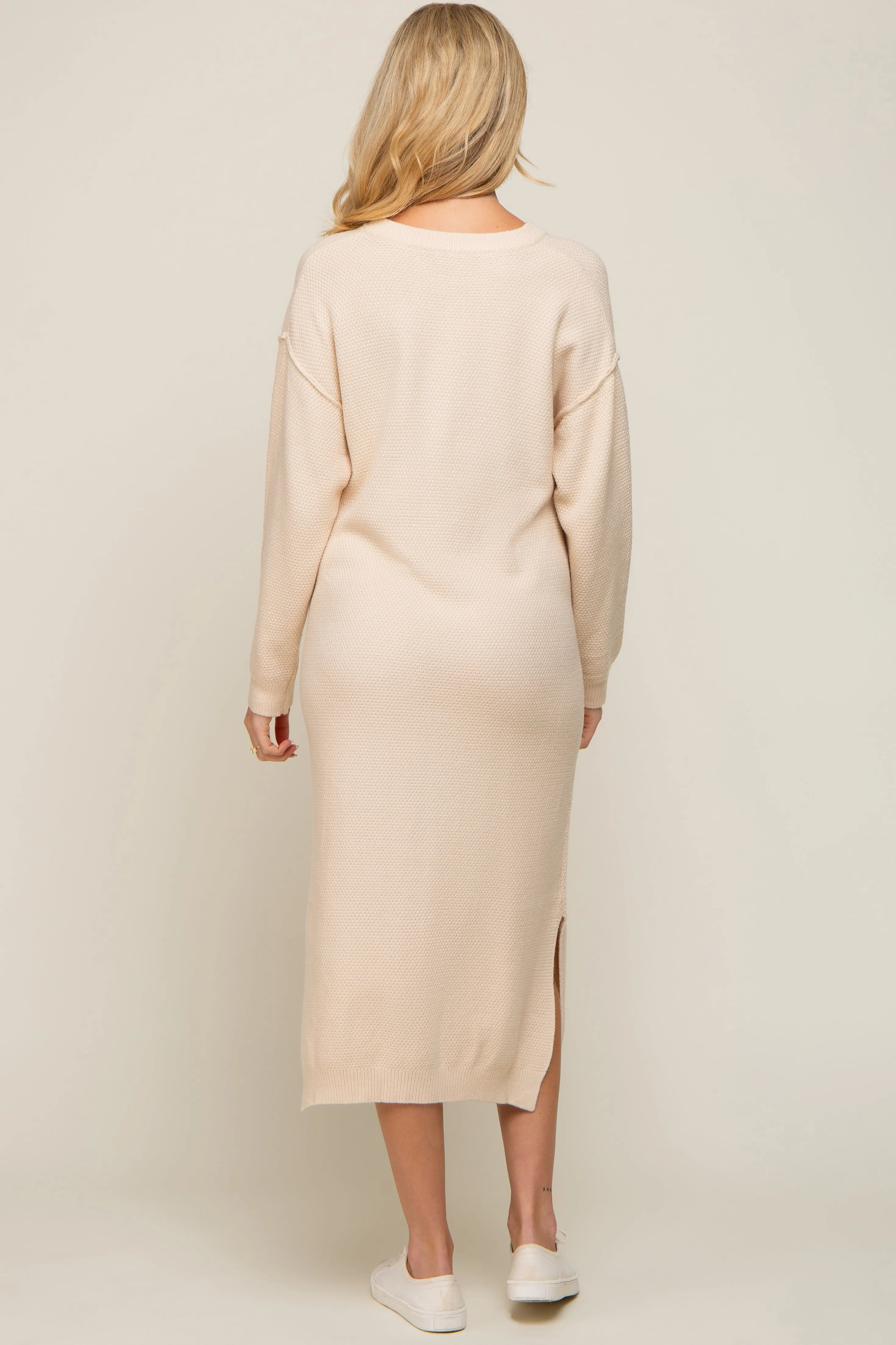 Cream Waffle Knit Button Long Sleeve Maternity Midi Dress sold by Pinkblush product image thumbnail 3