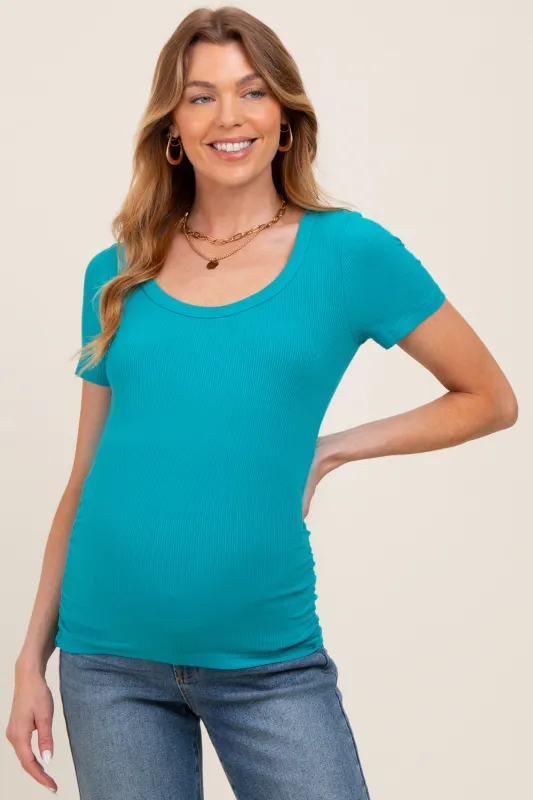 Teal Ribbed Ruched Short Sleeve Maternity Top sold by Pinkblush