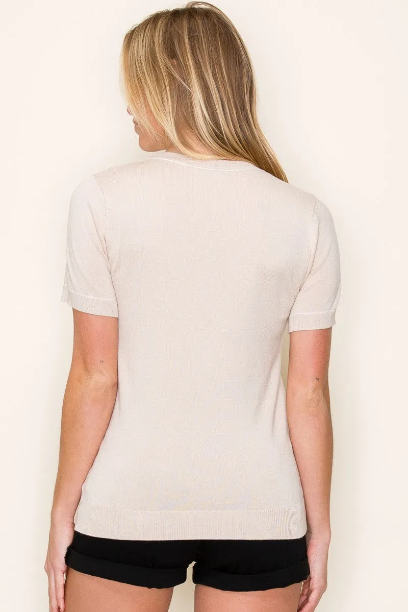 Beige Knit Crew Neck Short Sleeve Top sold by Pinkblush product image thumbnail 4
