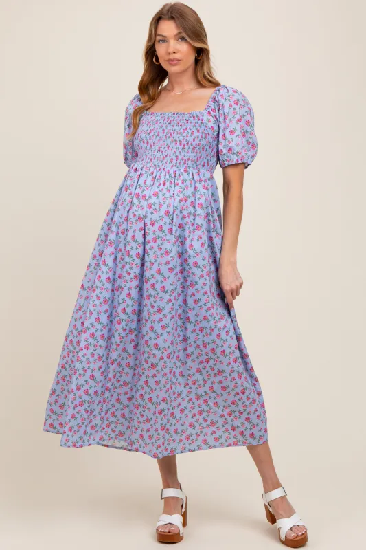 Light Blue Cotton Poplin Floral Smocked Maternity Midi Dress sold by Pinkblush