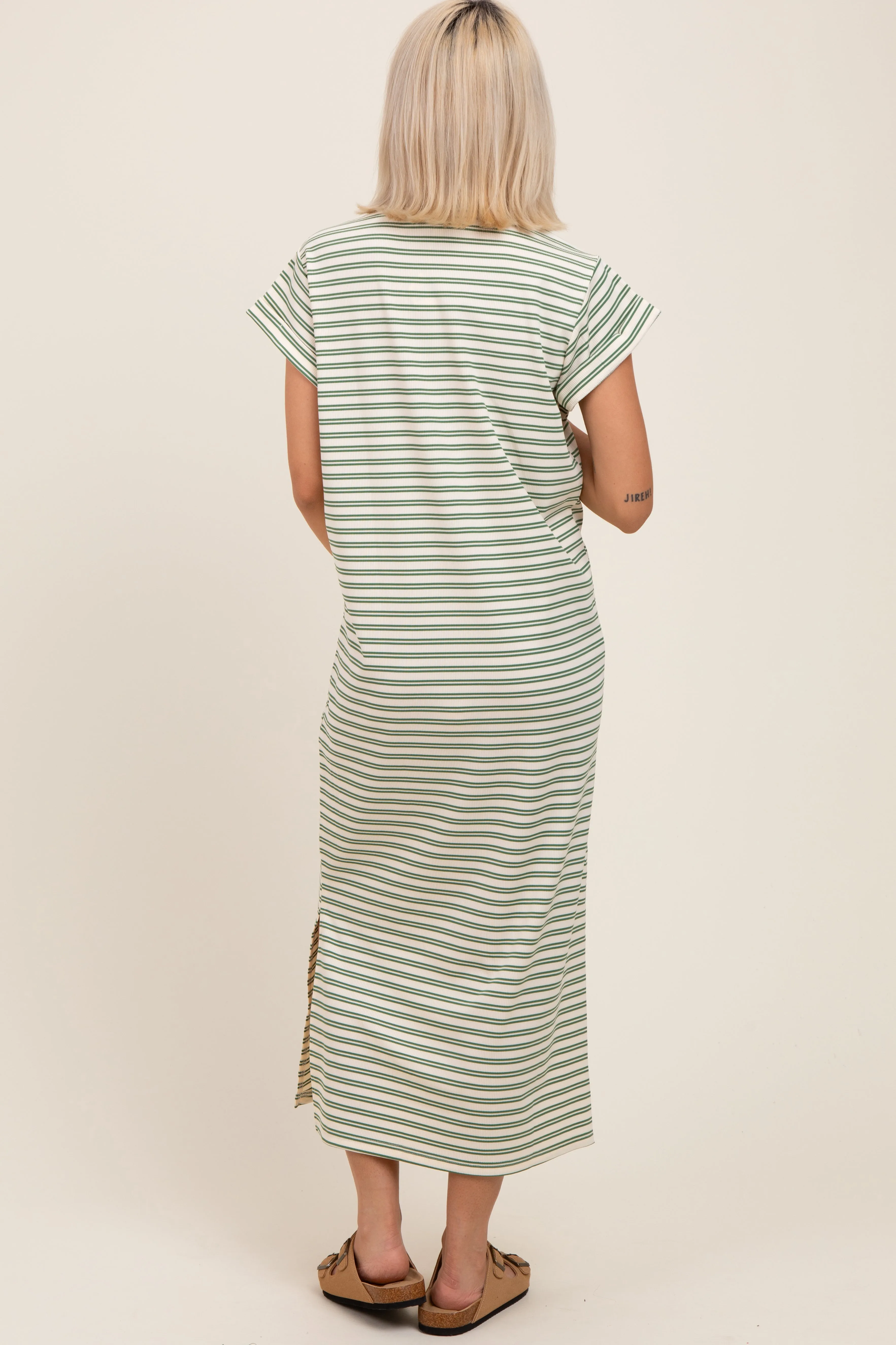 Olive Striped Maternity Midi T-Shirt Dress sold by Pinkblush product image thumbnail 3