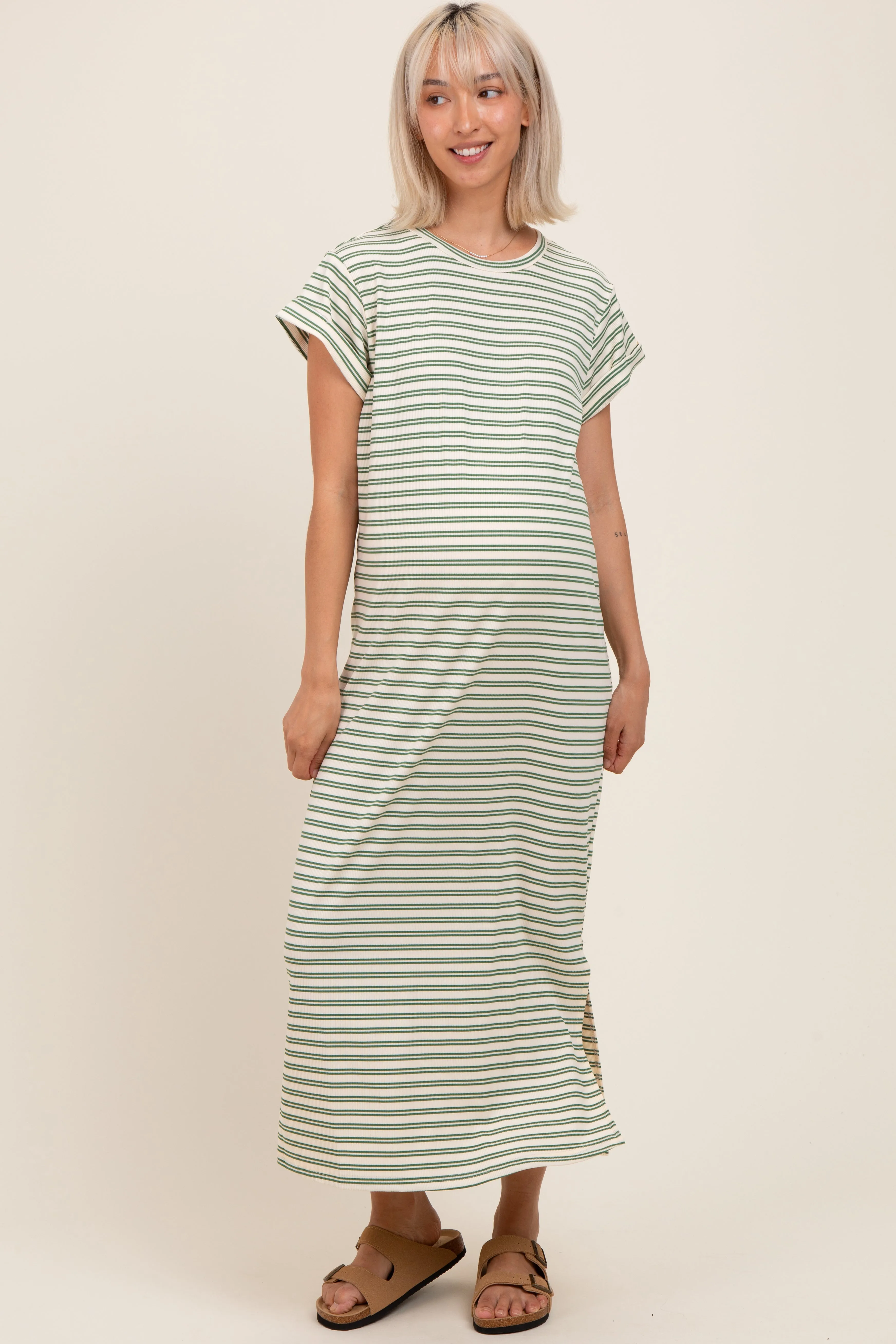 Olive Striped Maternity Midi T-Shirt Dress sold by Pinkblush