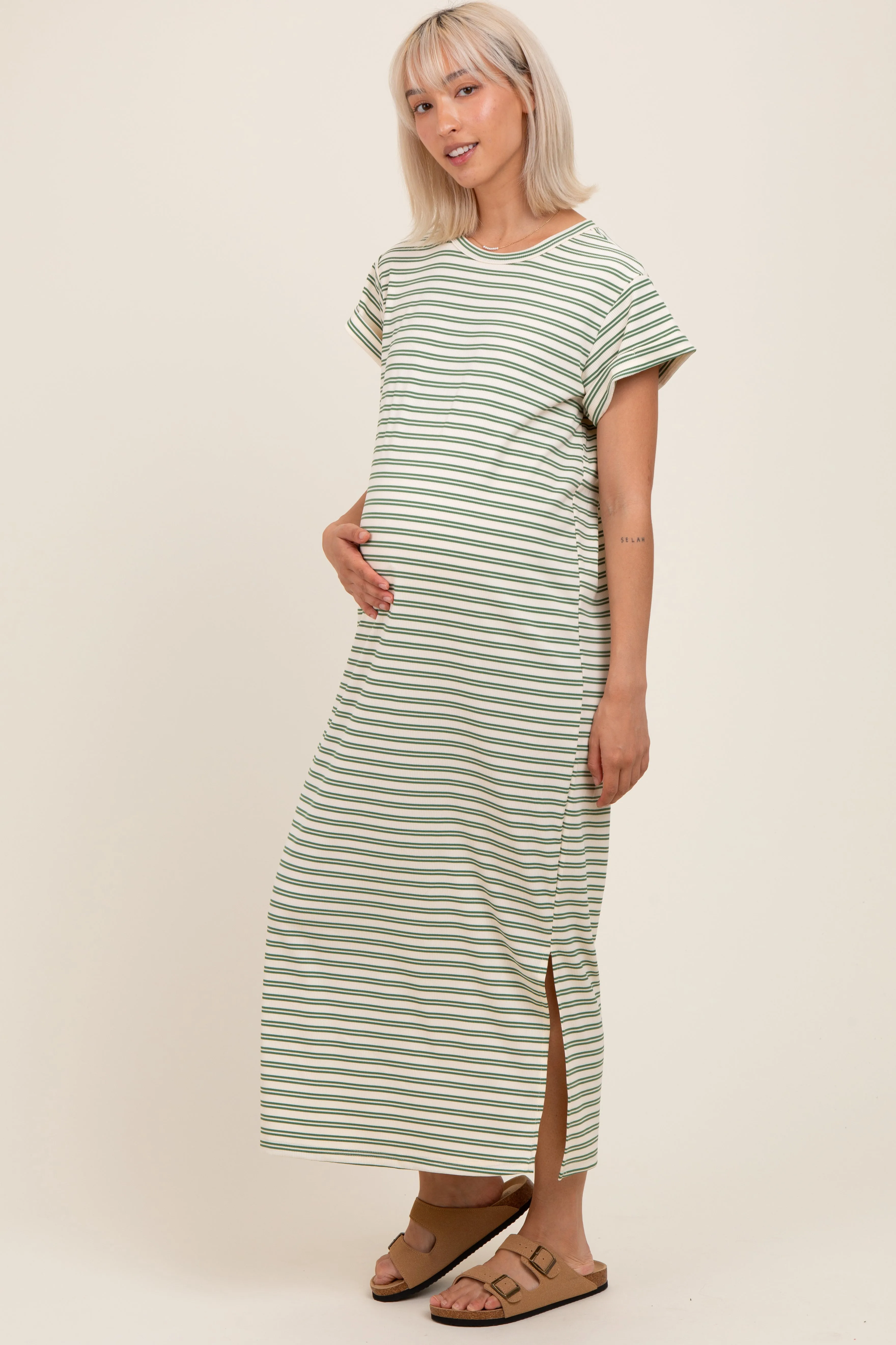 Olive Striped Maternity Midi T-Shirt Dress sold by Pinkblush product image thumbnail 2
