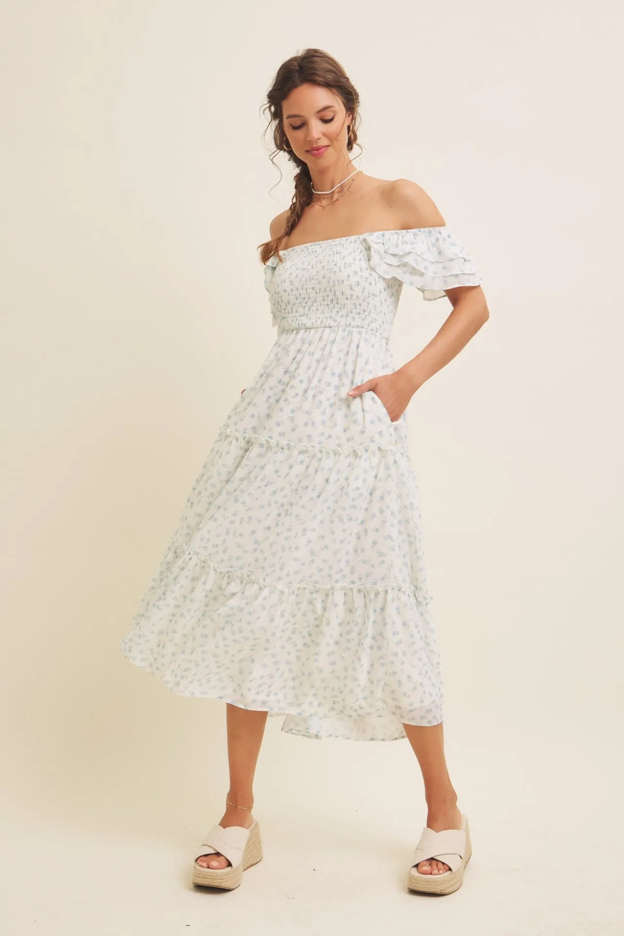 Light Blue Elegant Chiffon Floral Smocked Maternity Midi Dress sold by Pinkblush product image thumbnail 5