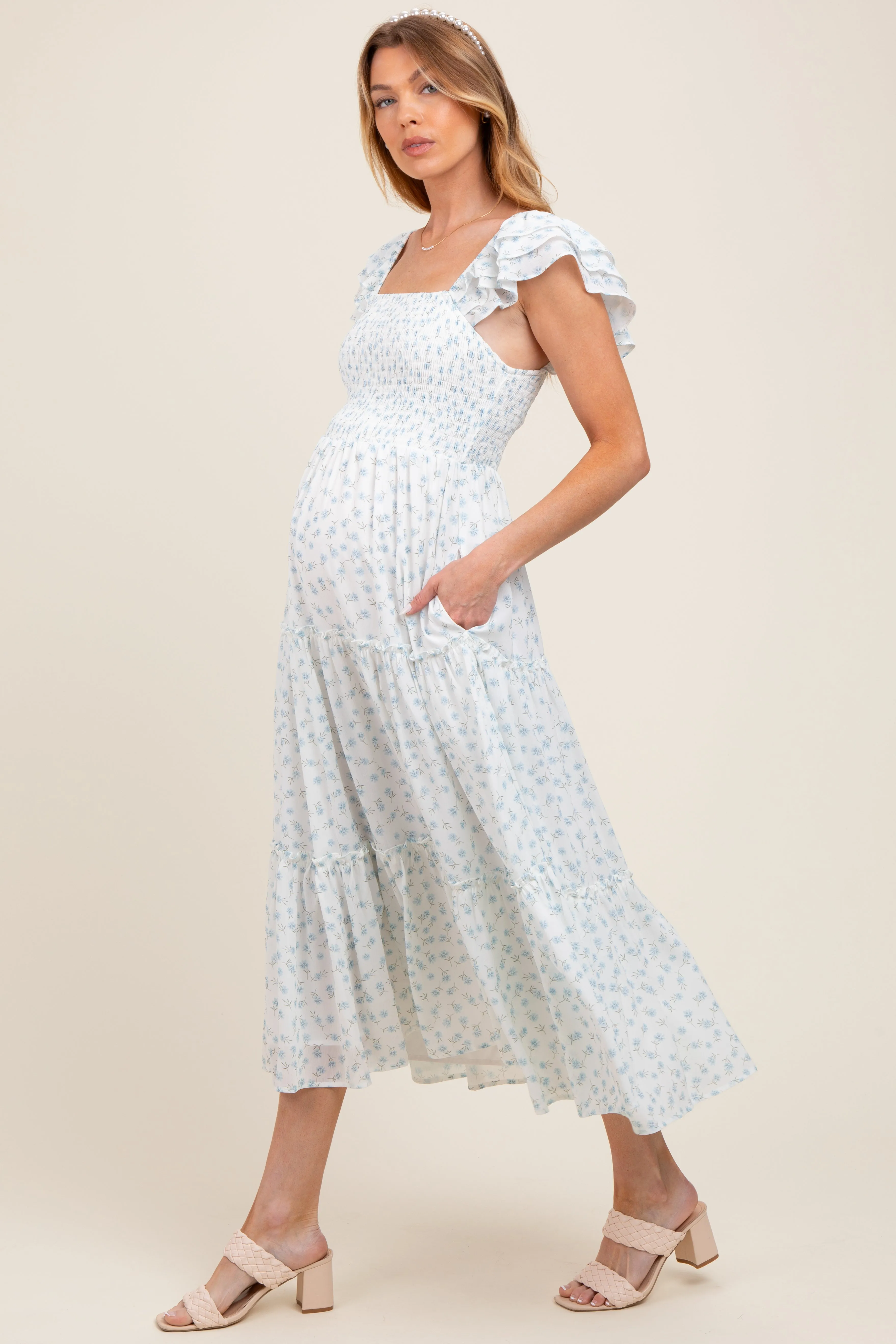 Light Blue Elegant Chiffon Floral Smocked Maternity Midi Dress sold by Pinkblush product image thumbnail 2