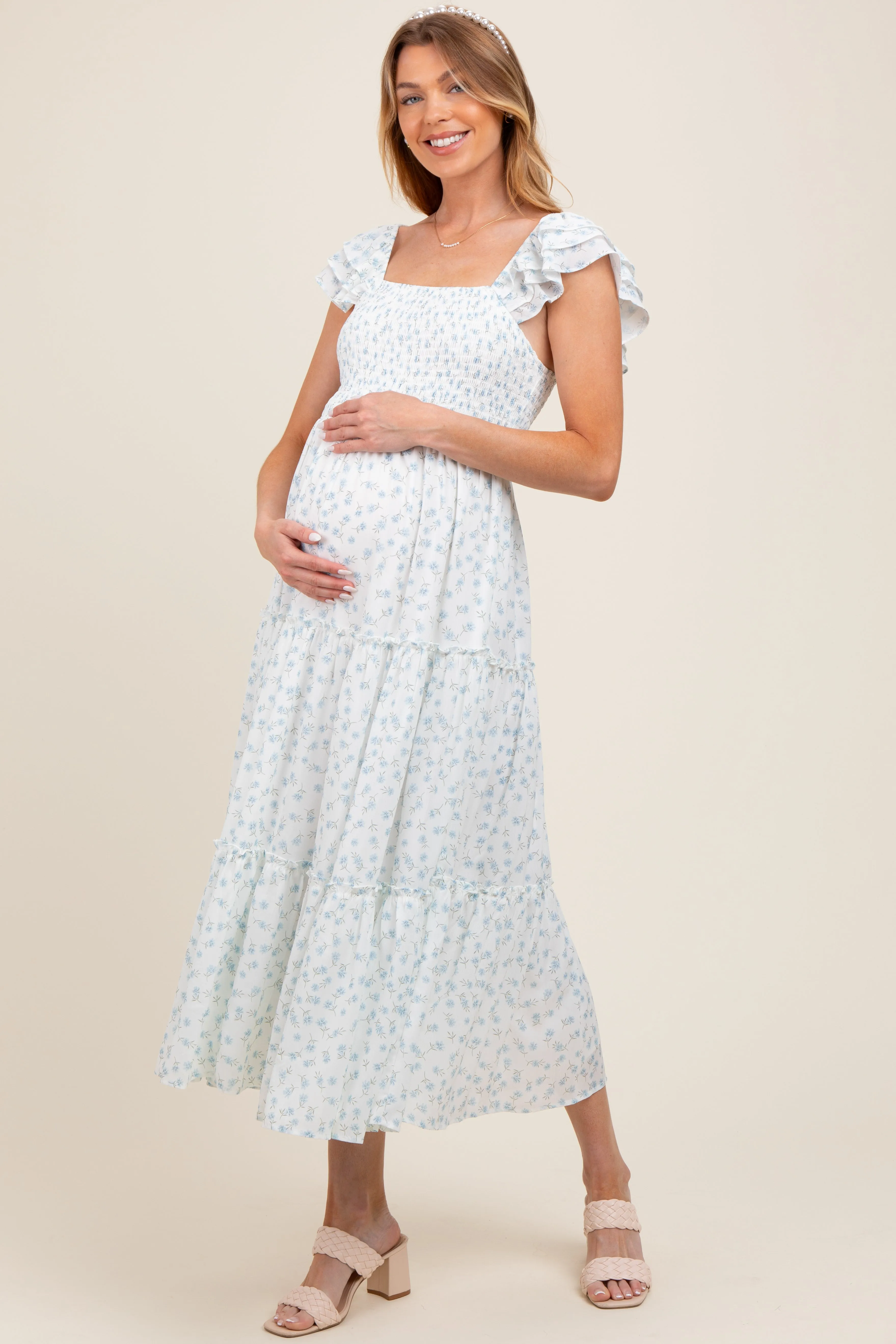 Light Blue Elegant Chiffon Floral Smocked Maternity Midi Dress sold by Pinkblush product image thumbnail 3