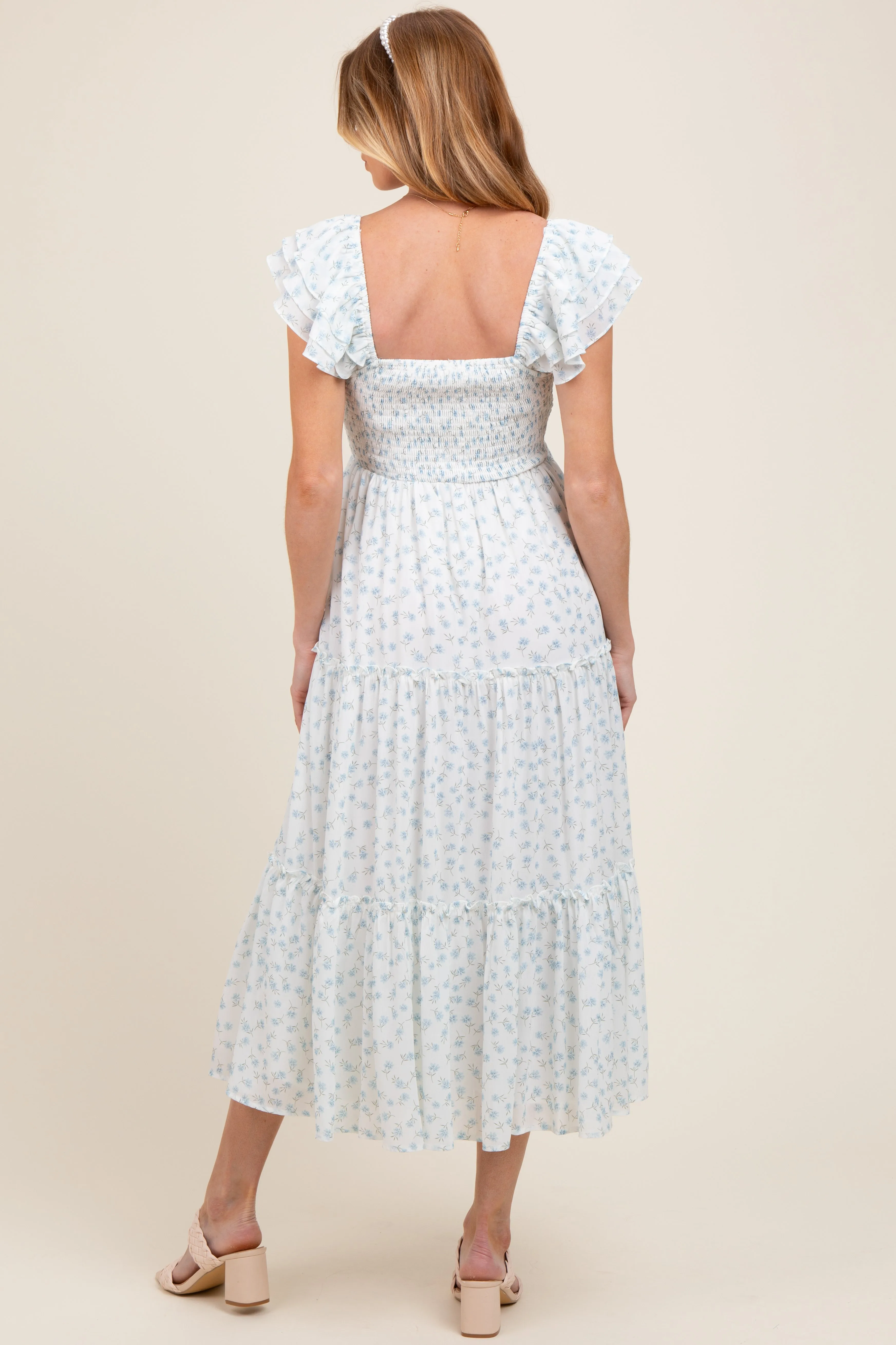 Light Blue Elegant Chiffon Floral Smocked Maternity Midi Dress sold by Pinkblush product image thumbnail 4