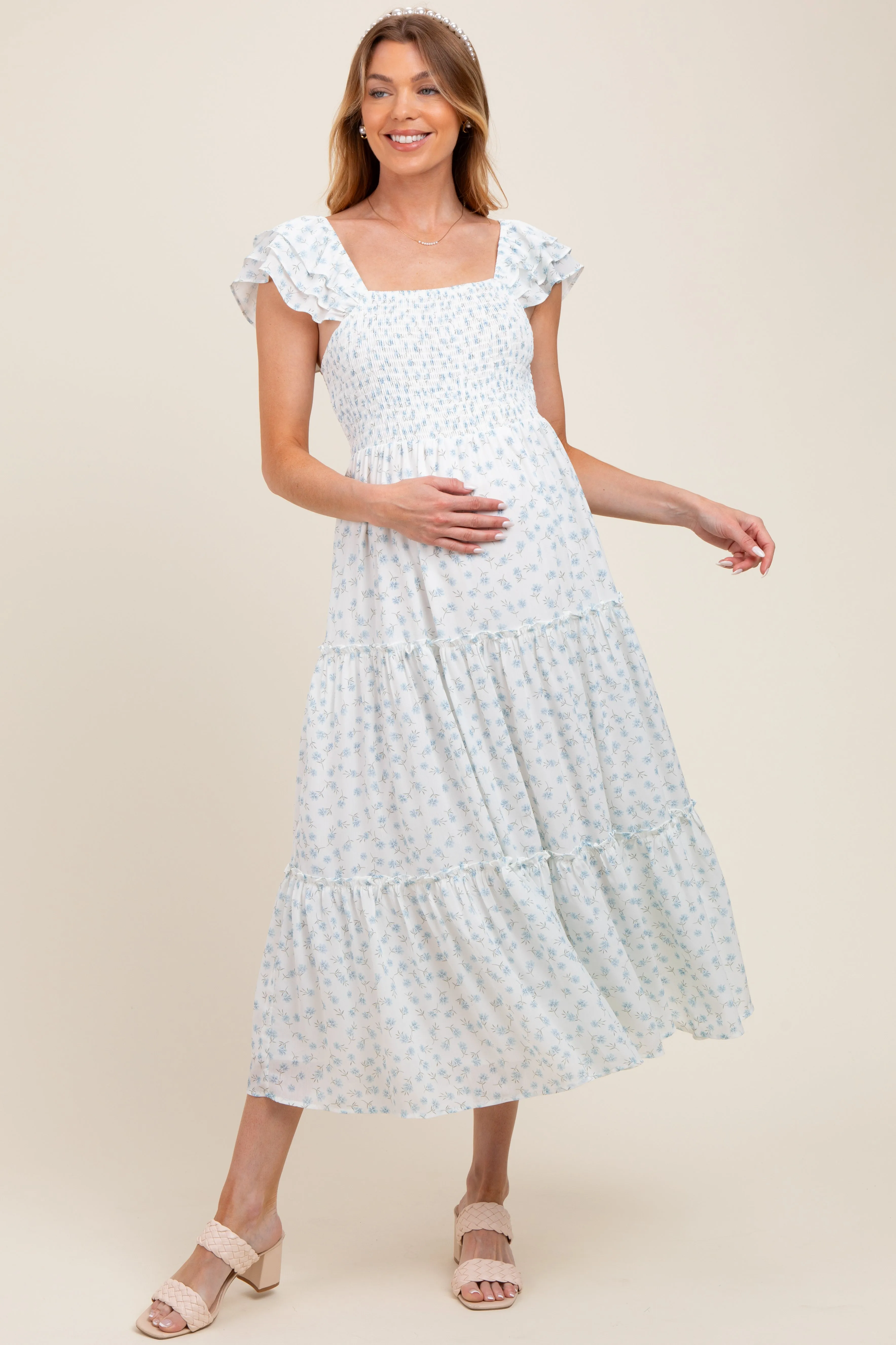 Light Blue Elegant Chiffon Floral Smocked Maternity Midi Dress sold by Pinkblush