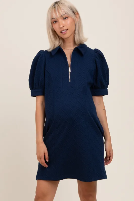 Navy Jacquard 1/4 Zip Maternity Mini Shirt Dress sold by Pinkblush