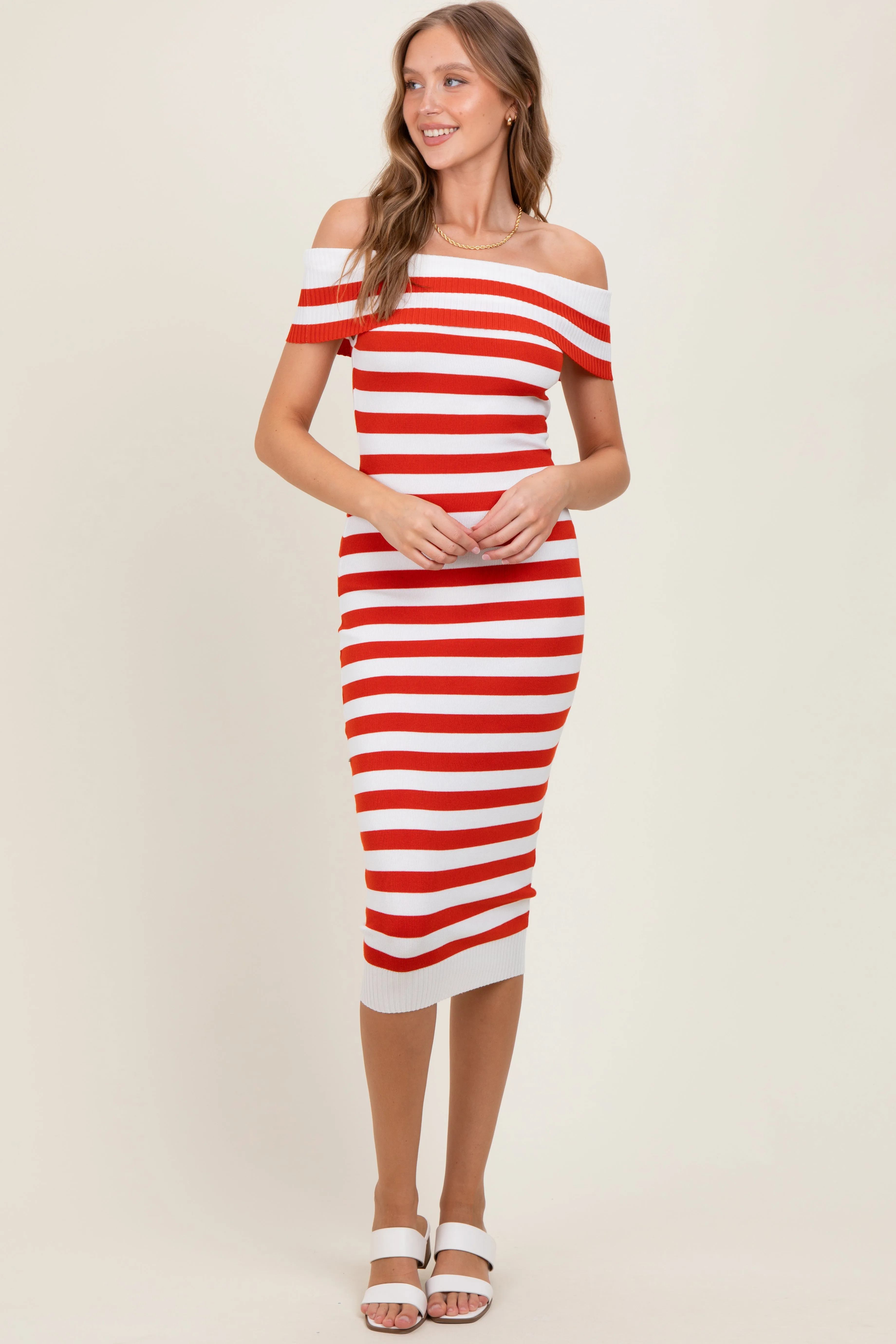 Red Striped Off Shoulder Maternity Midi Sweater Dress sold by Pinkblush product image thumbnail 4