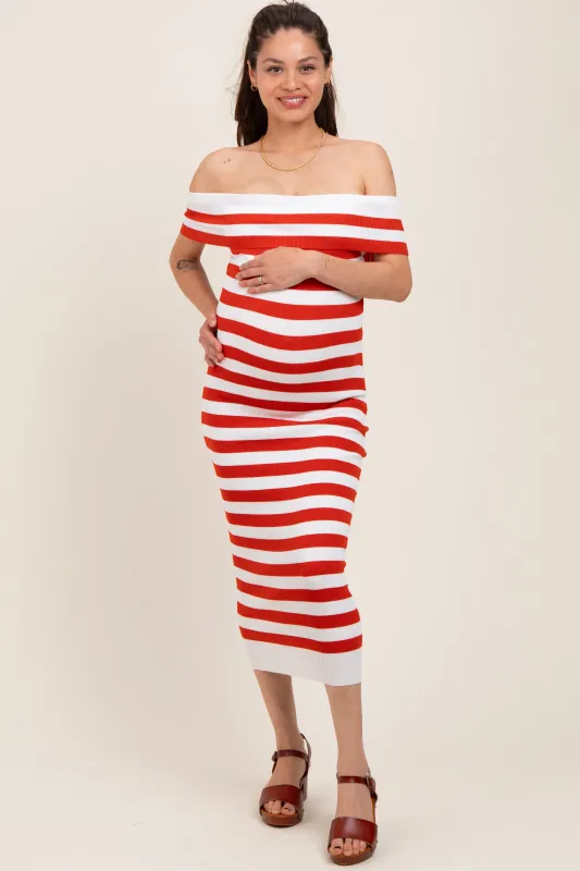 Red Striped Off Shoulder Maternity Midi Sweater Dress sold by Pinkblush