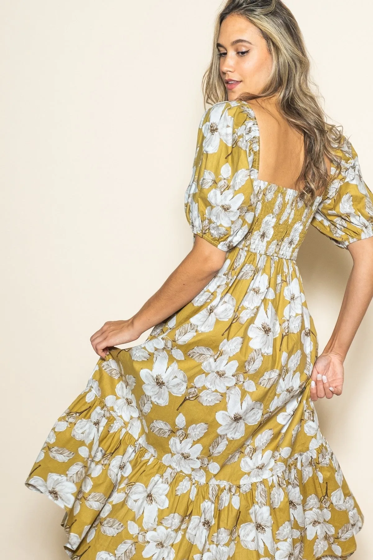 Olive Floral Pleated Bodice Midi Dress sold by Pinkblush product image thumbnail 3