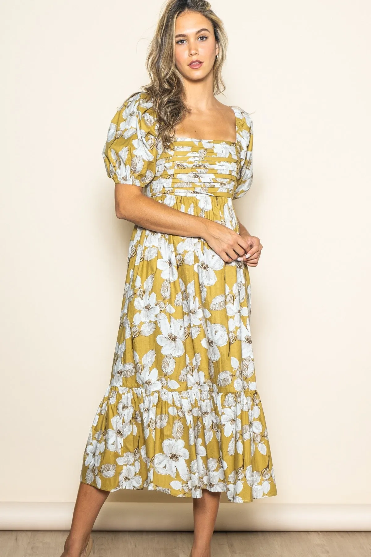 Olive Floral Pleated Bodice Midi Dress sold by Pinkblush