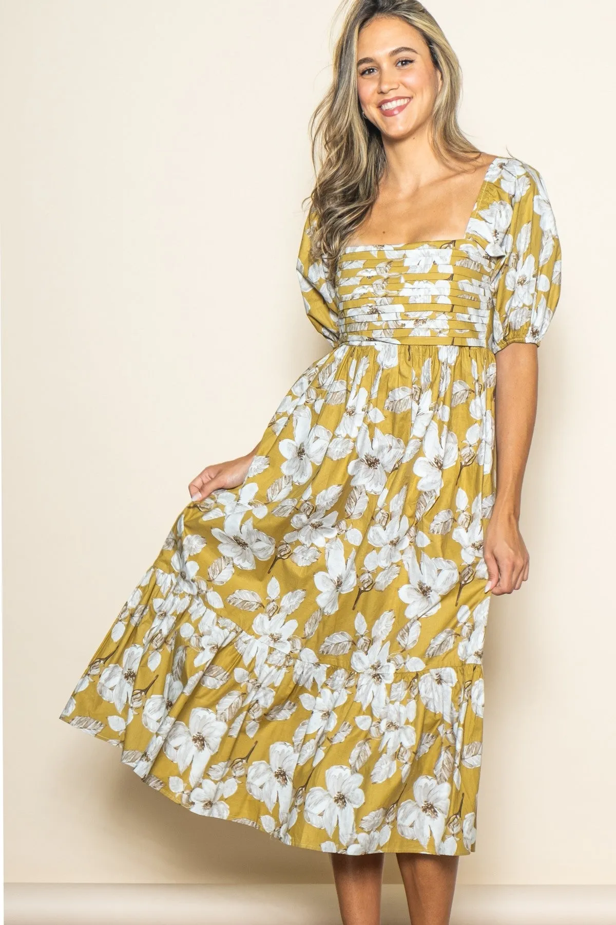 Olive Floral Pleated Bodice Midi Dress sold by Pinkblush product image thumbnail 2