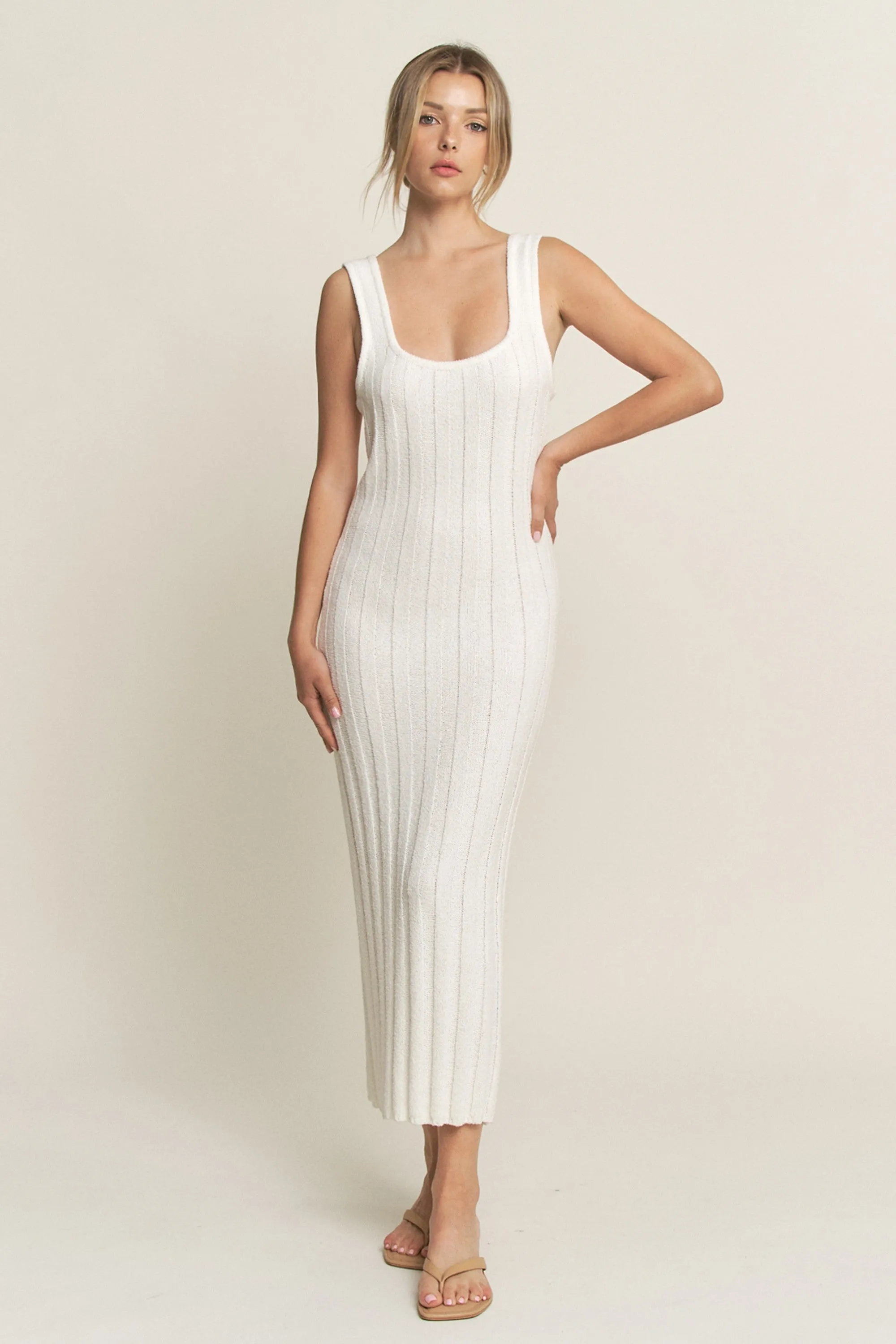 Ivory Wide Ribbed Sweater Knit Midi Dress sold by Pinkblush