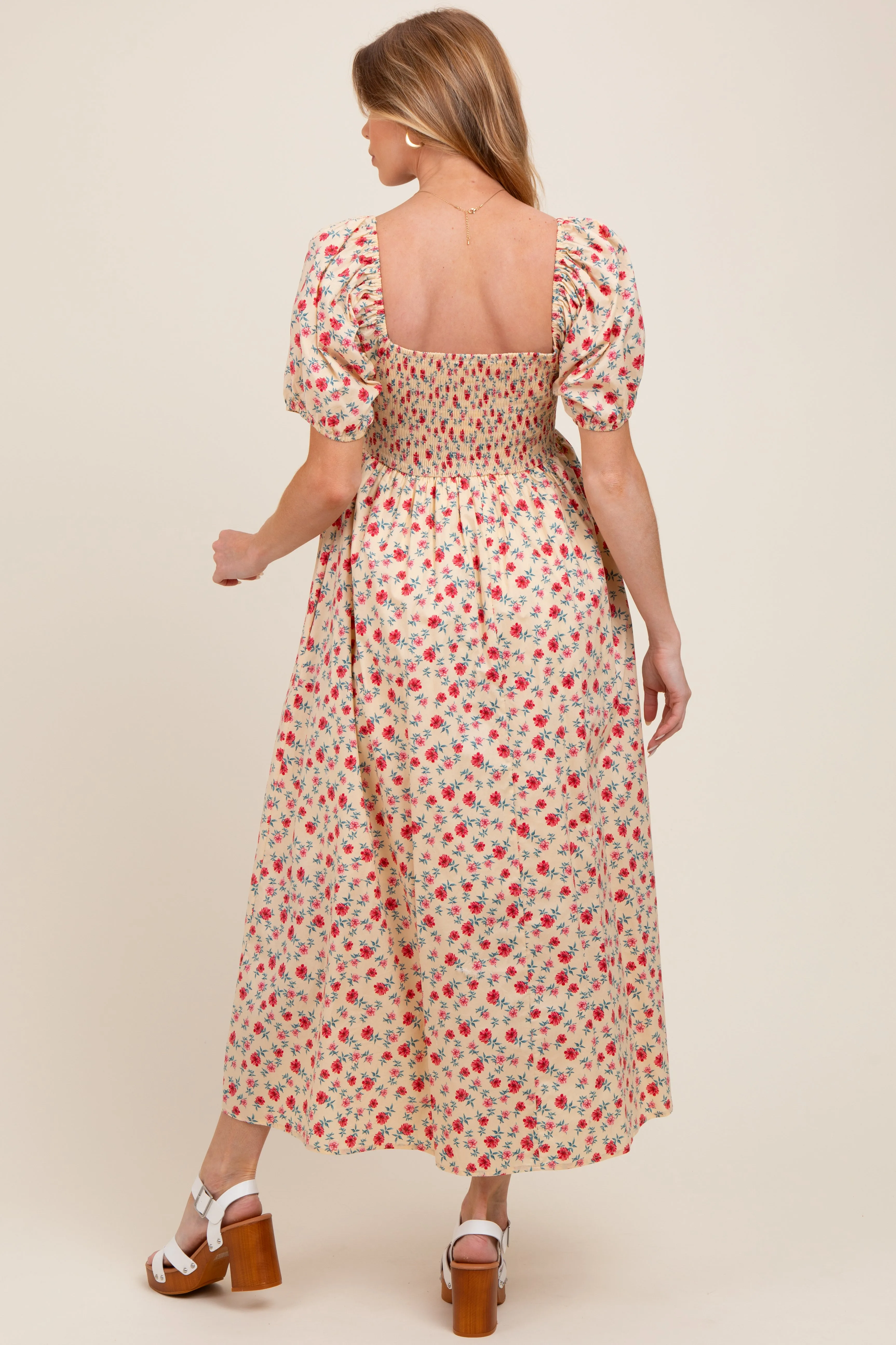 Cream Cotton Poplin Floral Smocked Maternity Midi Dress sold by Pinkblush product image thumbnail 3