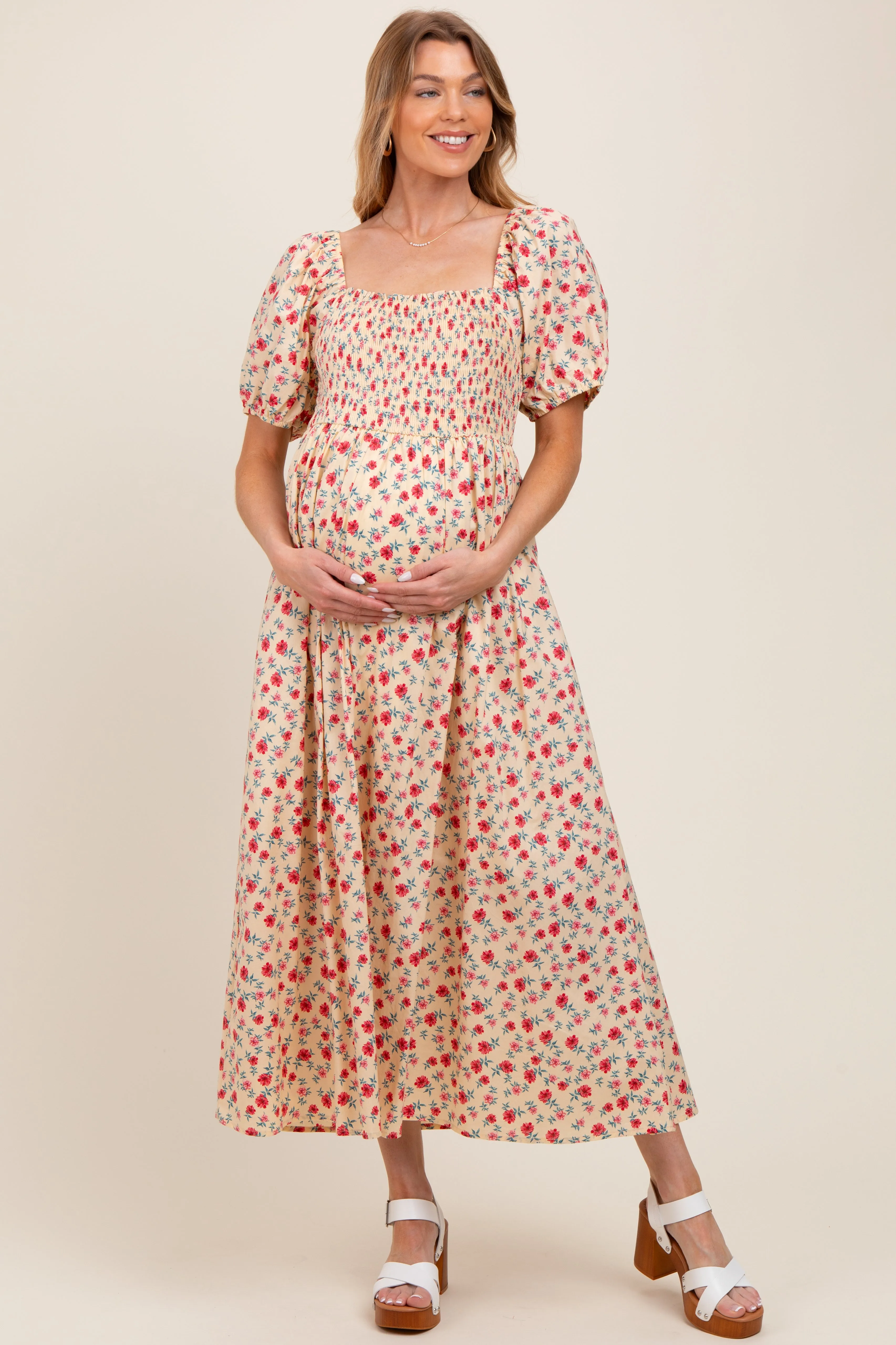 Cream Cotton Poplin Floral Smocked Maternity Midi Dress sold by Pinkblush
