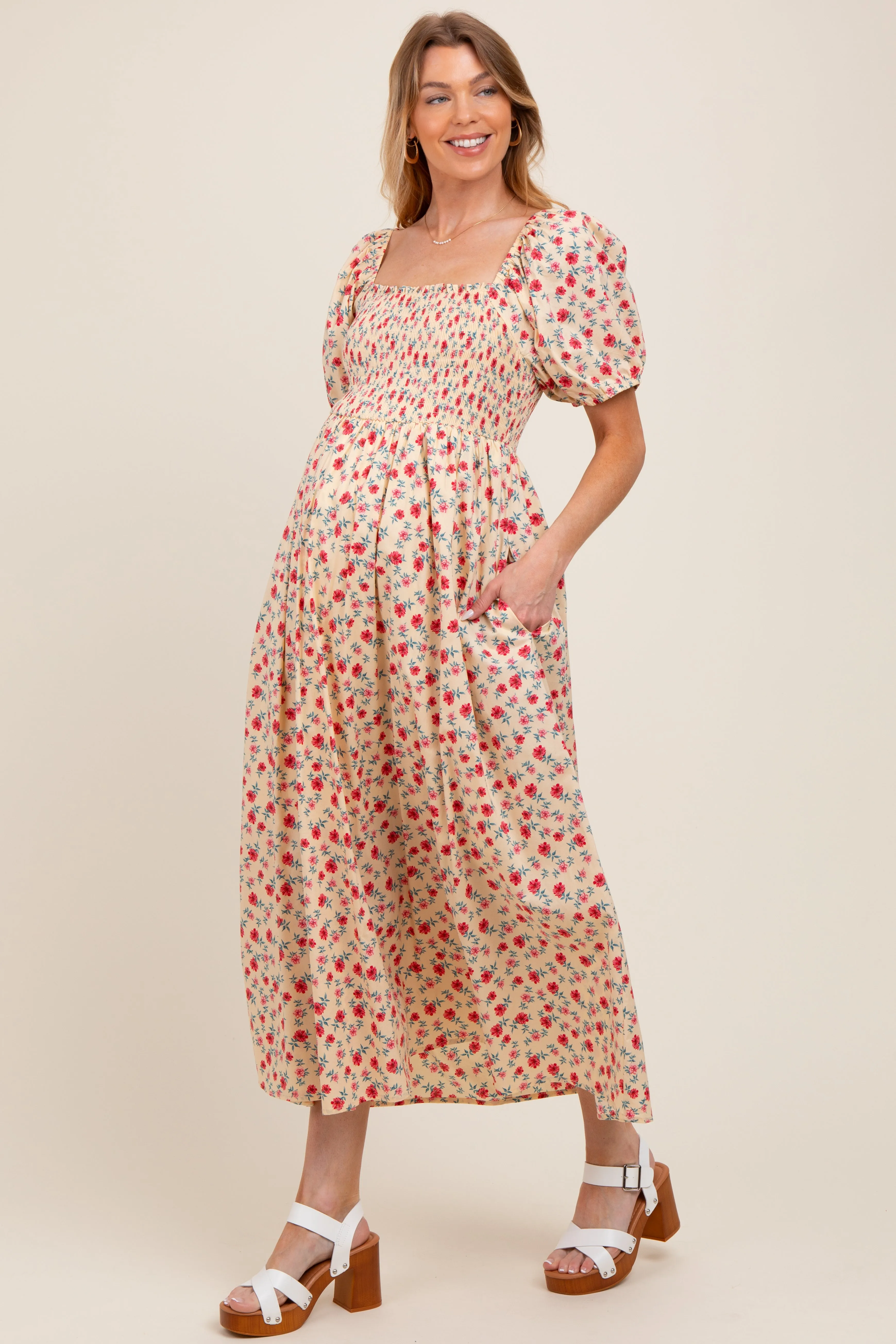 Cream Cotton Poplin Floral Smocked Maternity Midi Dress sold by Pinkblush product image thumbnail 2