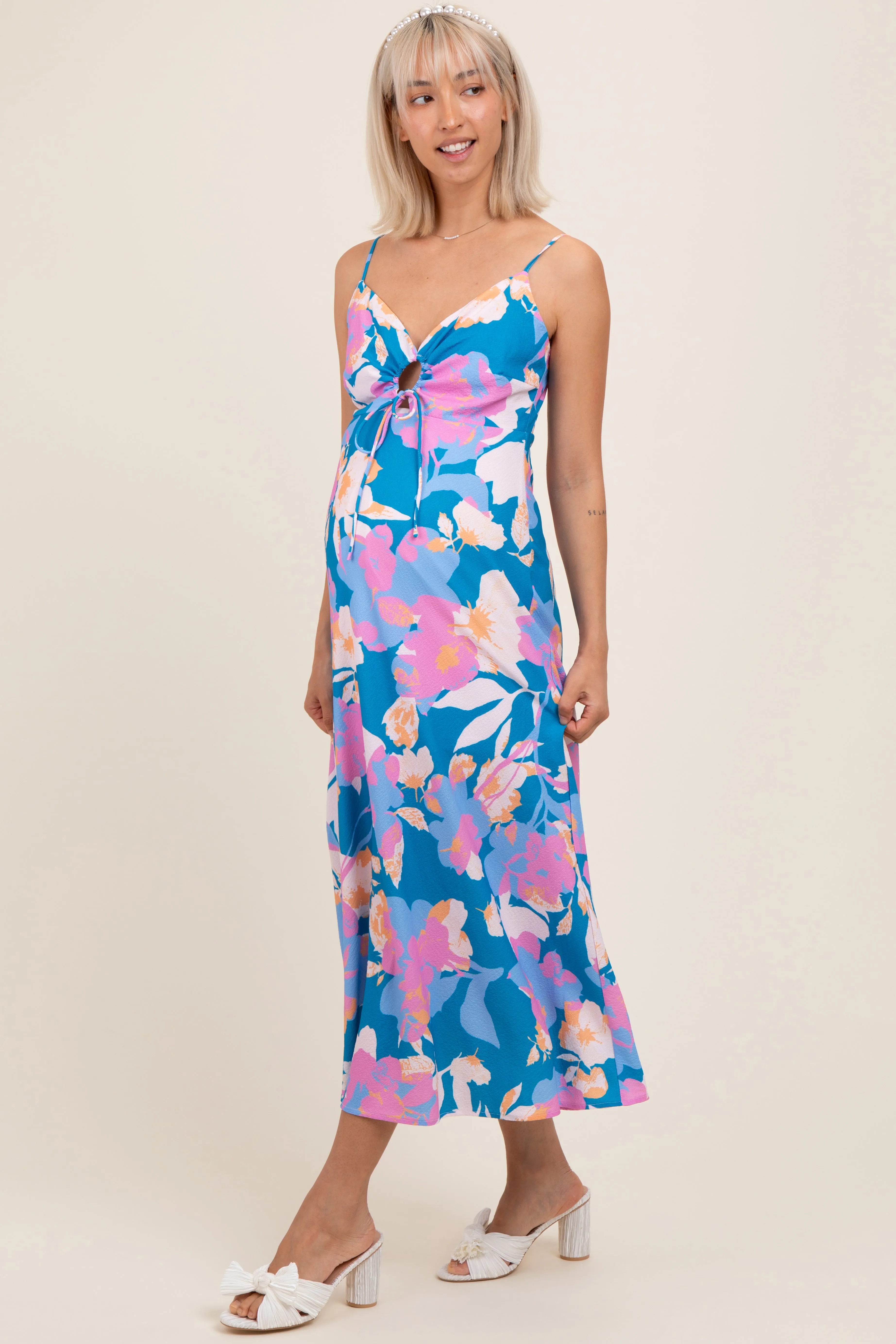 Blue Floral O-Ring Maternity Midi Dress sold by Pinkblush product image thumbnail 2