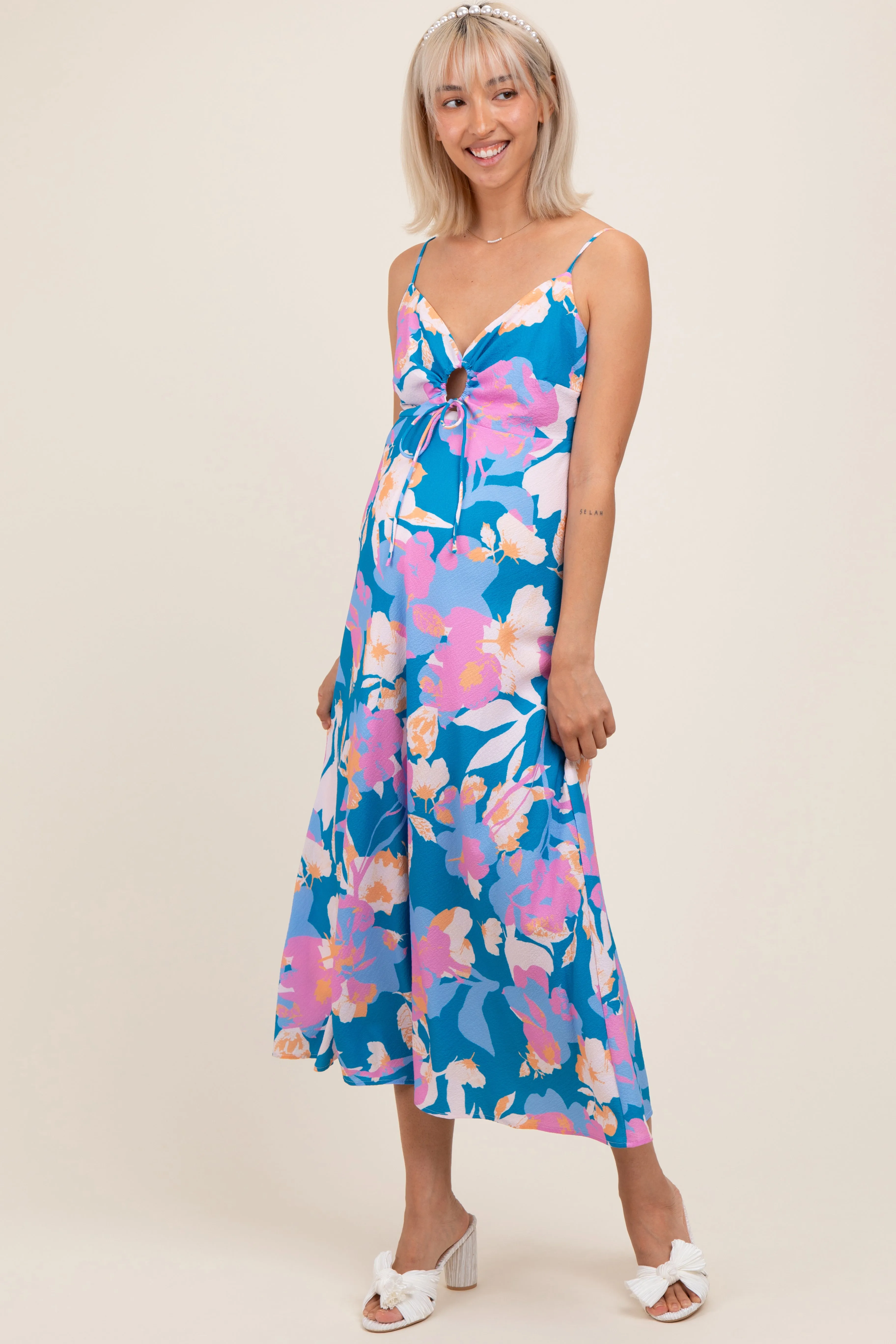 Blue Floral O-Ring Maternity Midi Dress sold by Pinkblush product image thumbnail 3