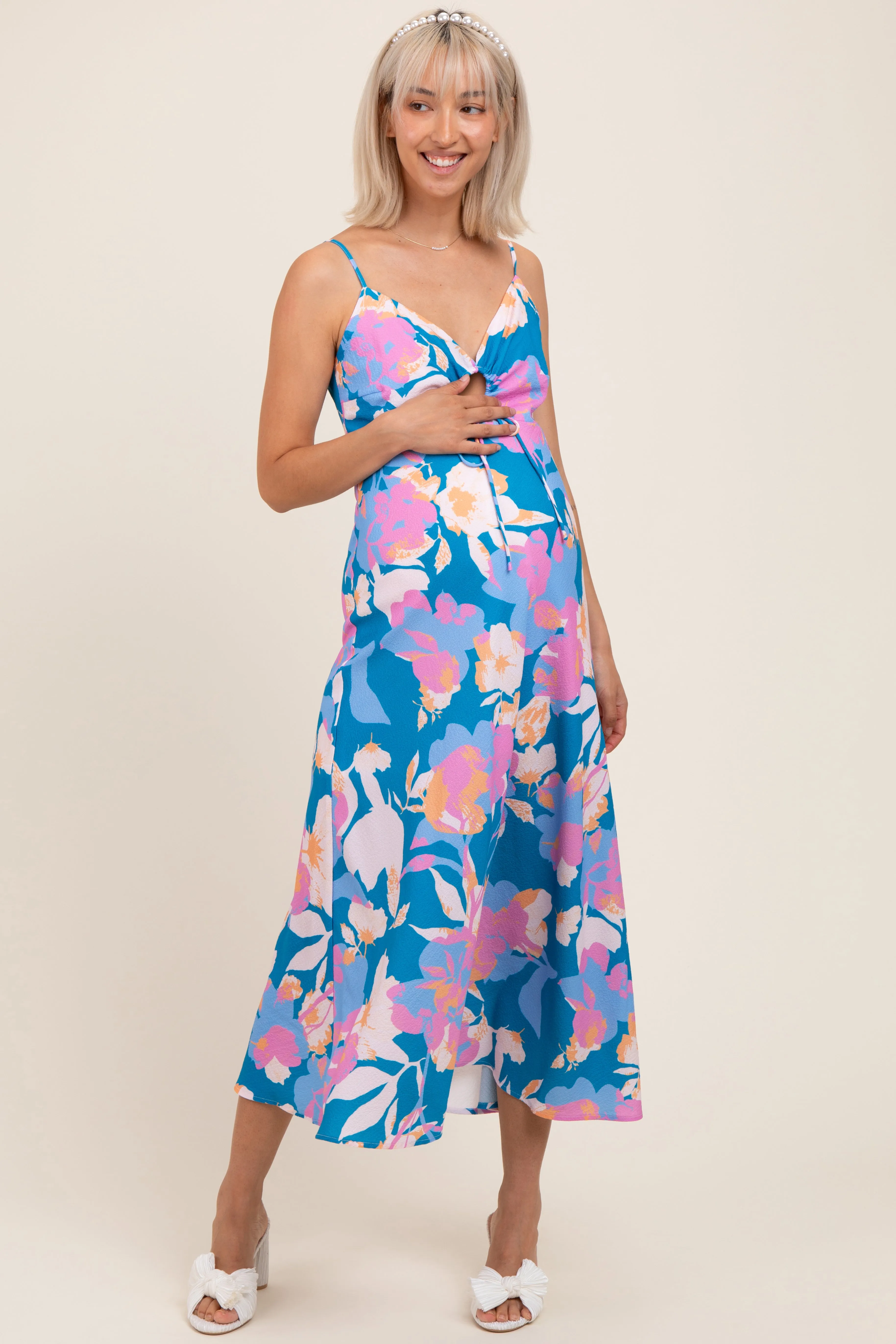 Blue Floral O-Ring Maternity Midi Dress sold by Pinkblush