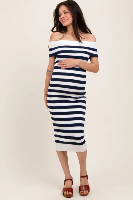 Navy Striped Off Shoulder Maternity Midi Sweater Dress sold by Pinkblush