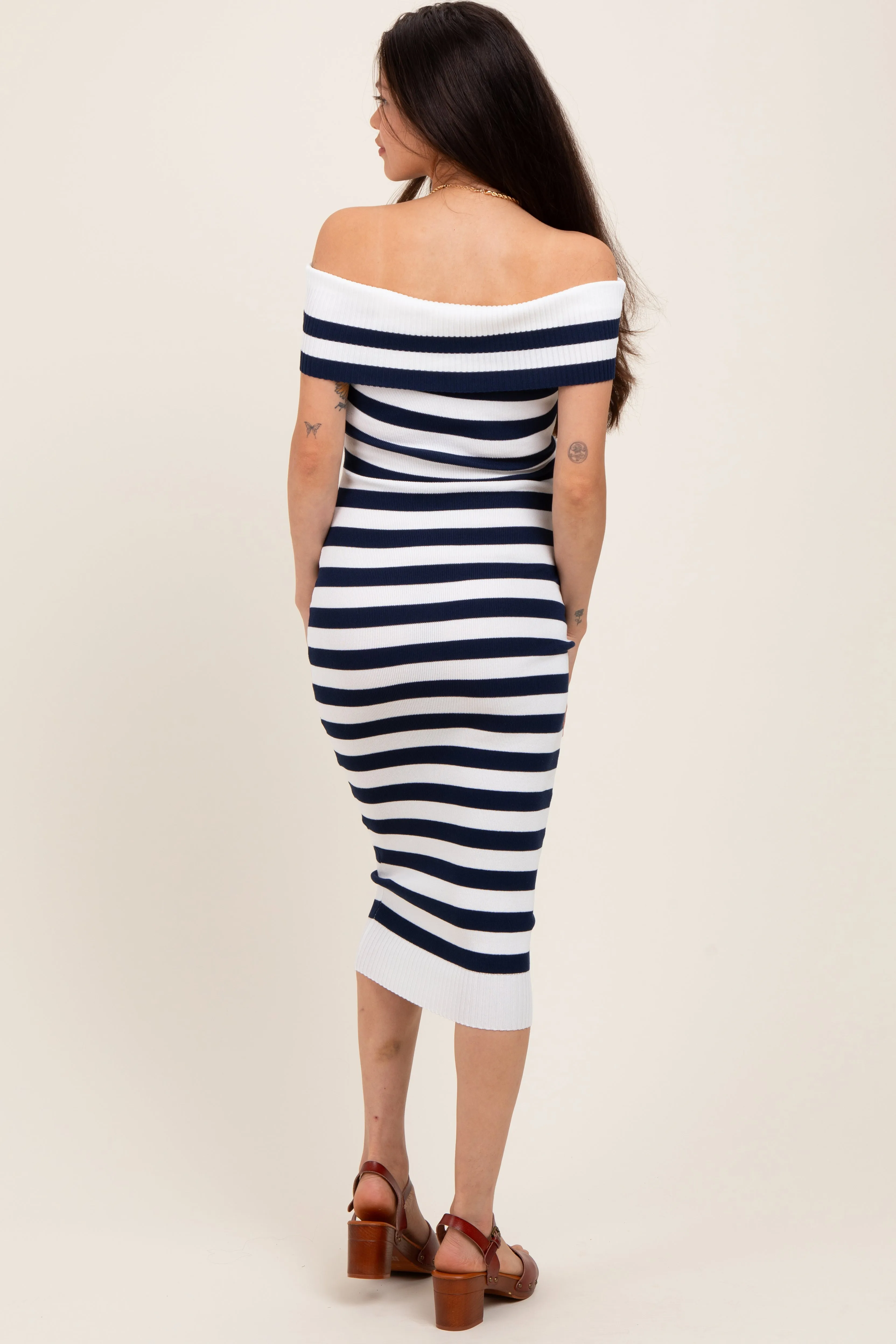 Navy Striped Off Shoulder Maternity Midi Sweater Dress sold by Pinkblush product image thumbnail 3