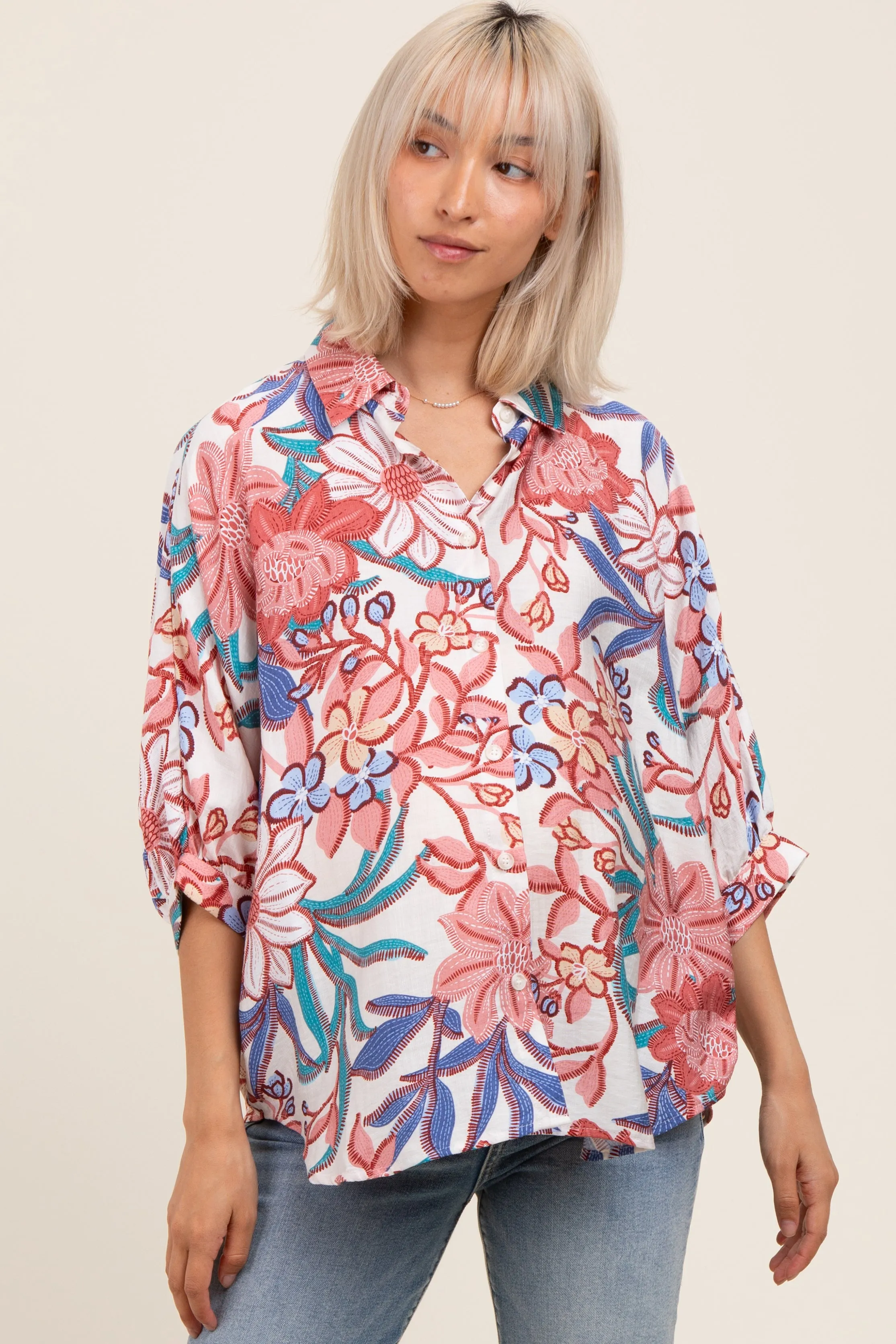 Pink Floral Embroidered Oversized Short Sleeve Maternity Blouse sold by Pinkblush
