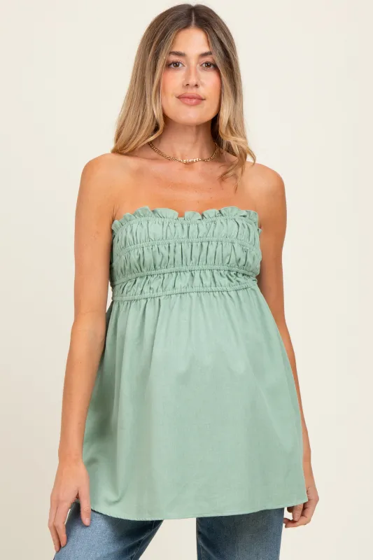 Light Olive Linen Ruched Strapless Tube Tunic Maternity Top sold by Pinkblush