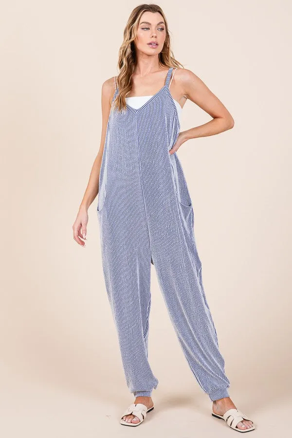 Royal Blue Ribbed Sleeveless Jumpsuit sold by Pinkblush
