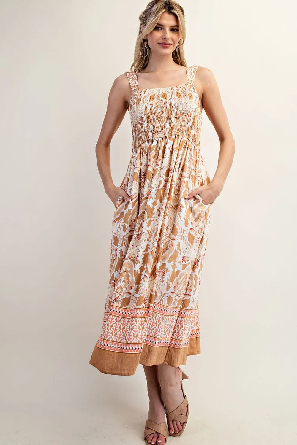 Camel Floral Sleeveless Smocked Maternity Midi Dress sold by Pinkblush product image thumbnail 4
