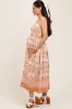 Camel Floral Sleeveless Smocked Maternity Midi Dress sold by Pinkblush