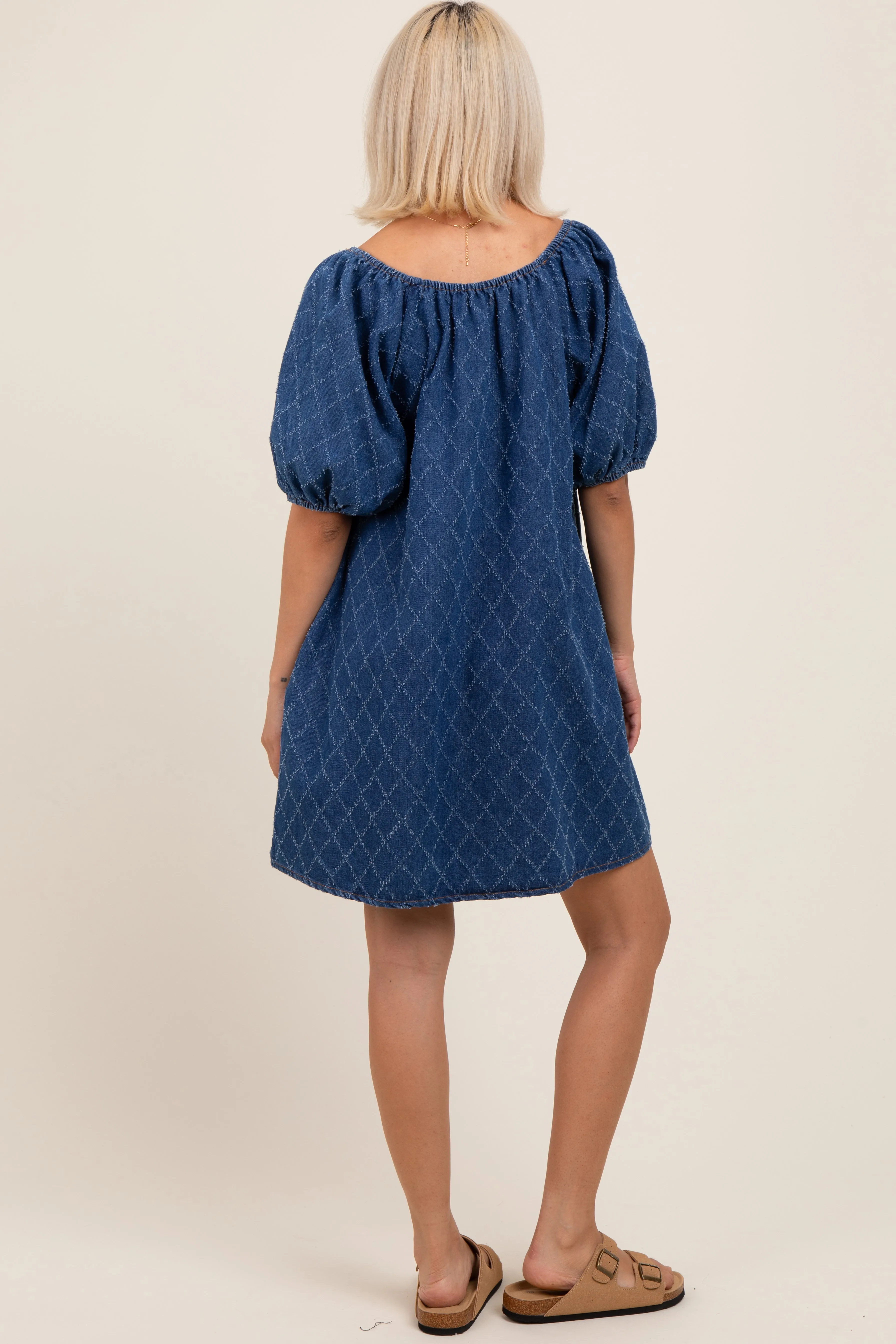 Navy Chambray Jacquard Puff Sleeve Maternity Mini Dress sold by Pinkblush product image thumbnail 4