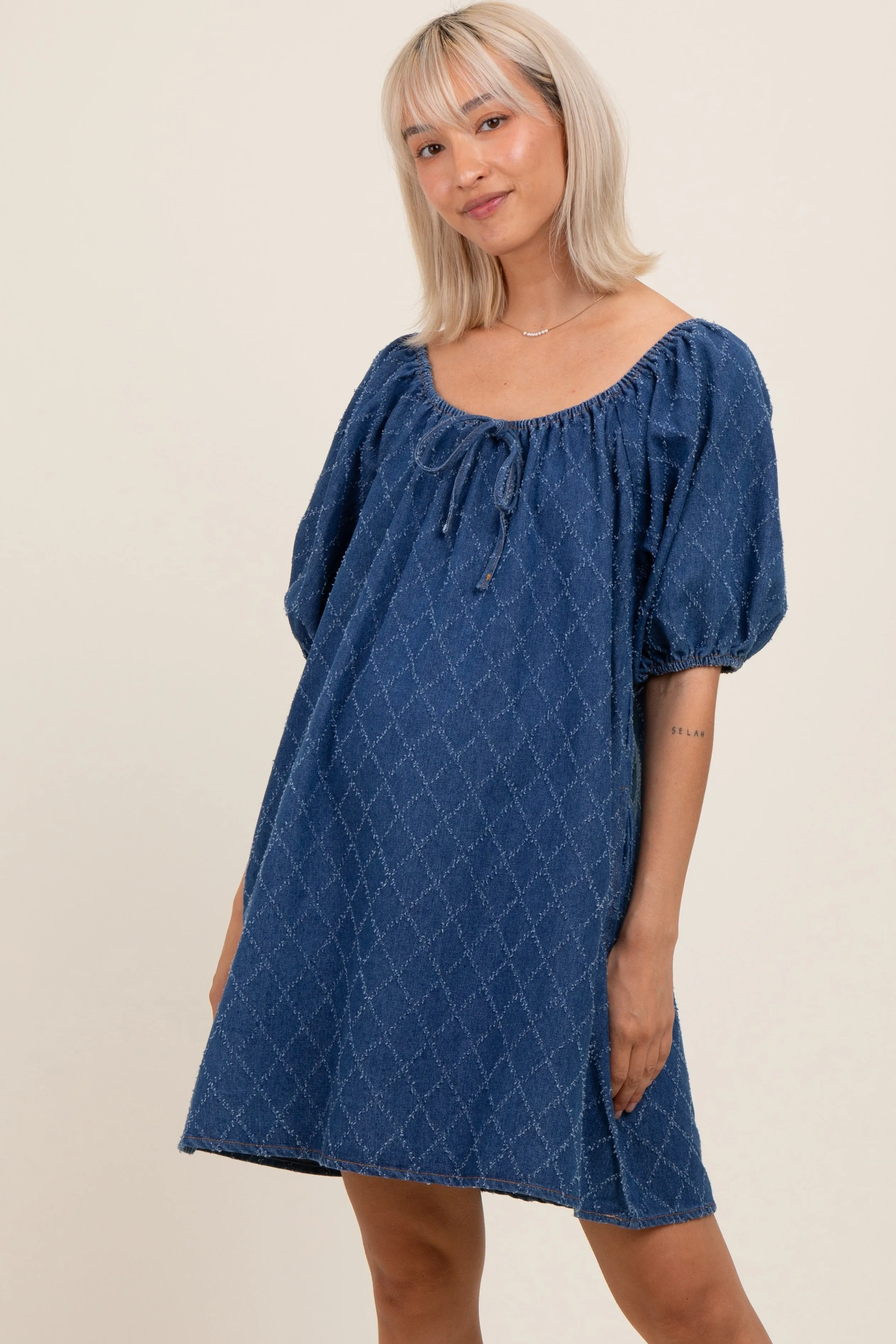 Navy Chambray Jacquard Puff Sleeve Maternity Mini Dress sold by Pinkblush