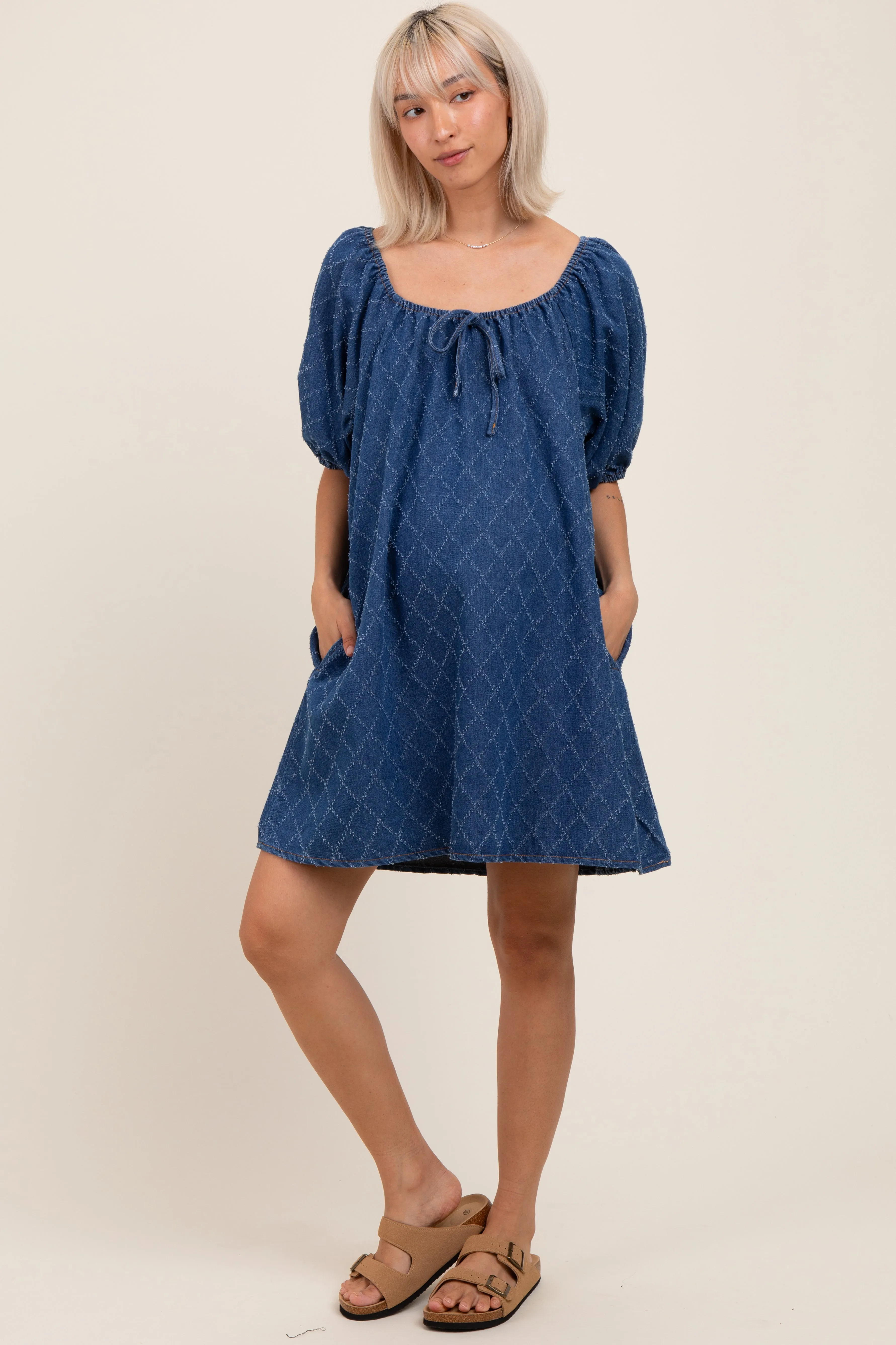 Navy Chambray Jacquard Puff Sleeve Maternity Mini Dress sold by Pinkblush product image thumbnail 2