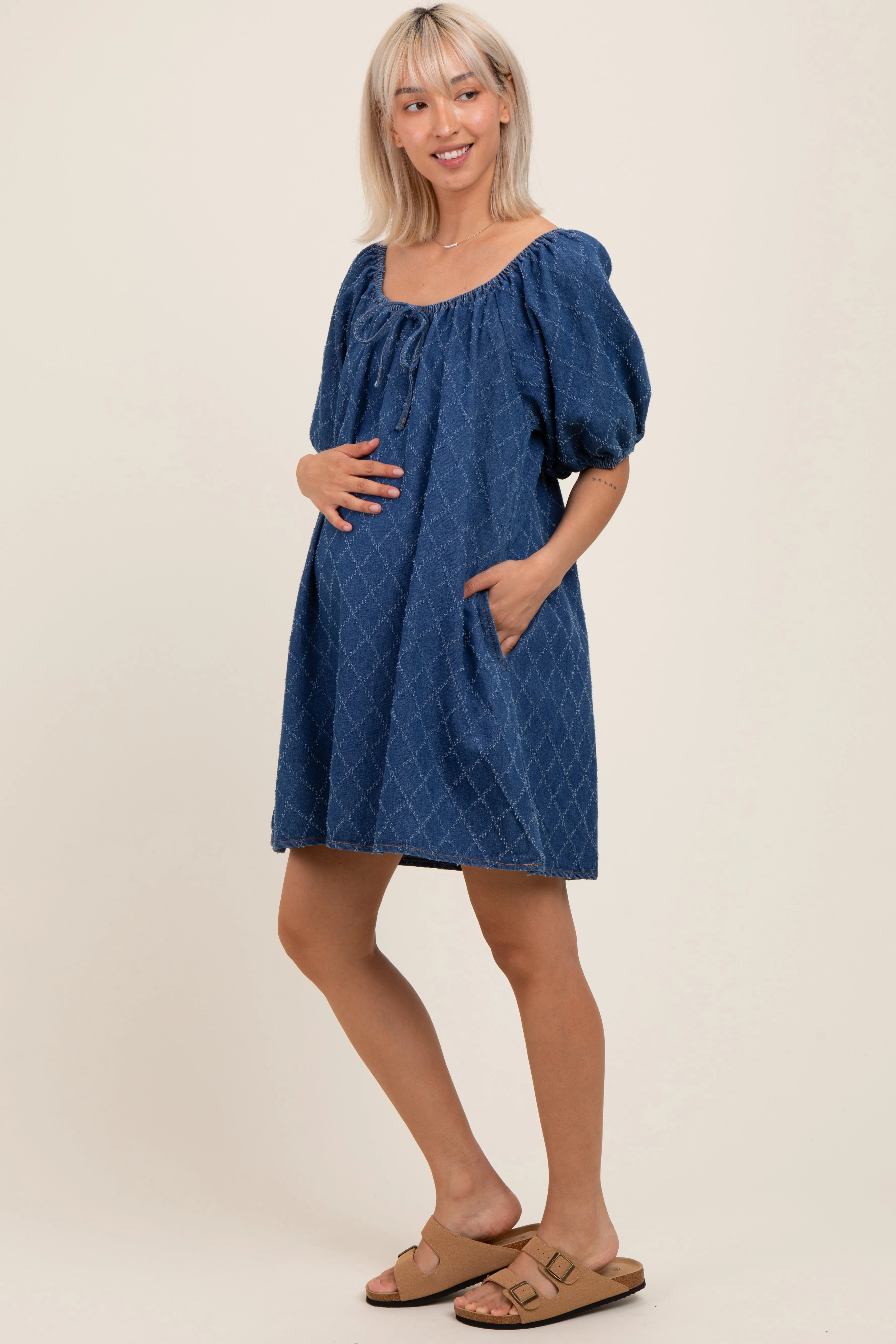 Navy Chambray Jacquard Puff Sleeve Maternity Mini Dress sold by Pinkblush product image thumbnail 3