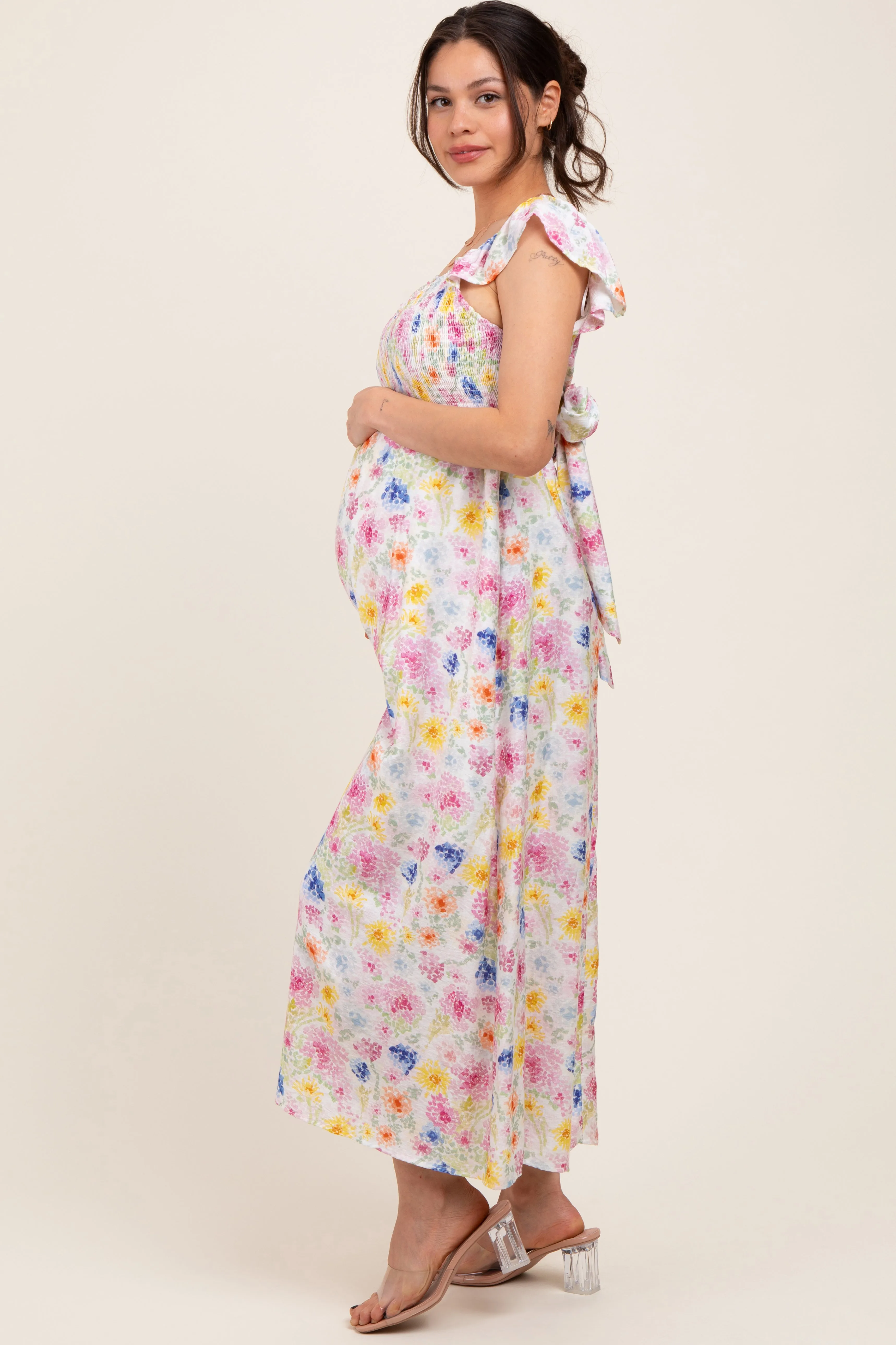Multi Color Floral Smocked Back Bow Maternity Maxi Dress sold by Pinkblush product image thumbnail 3