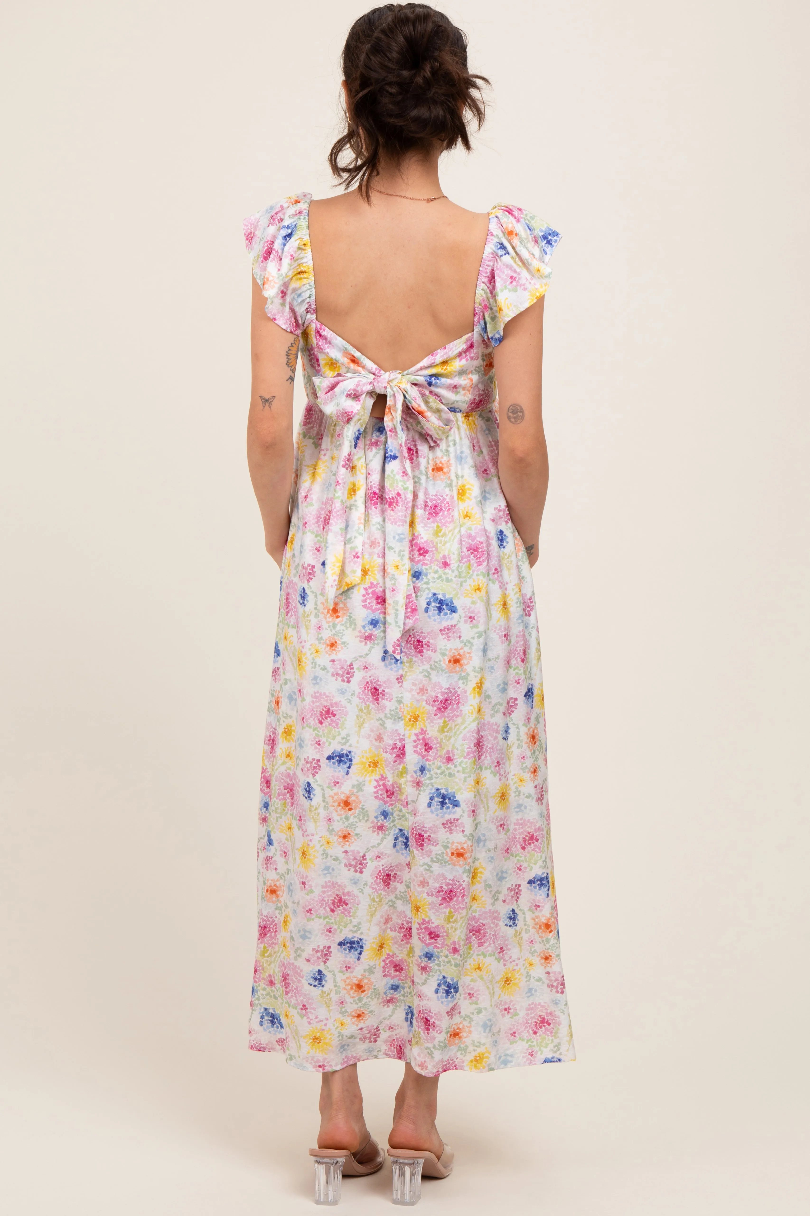 Multi Color Floral Smocked Back Bow Maternity Maxi Dress sold by Pinkblush product image thumbnail 4