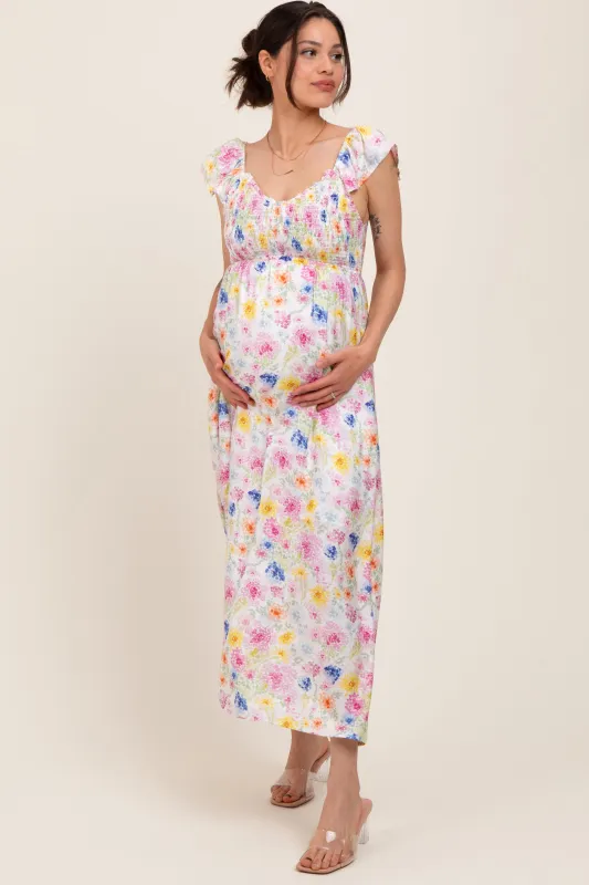 Multi Color Floral Smocked Back Bow Maternity Maxi Dress sold by Pinkblush