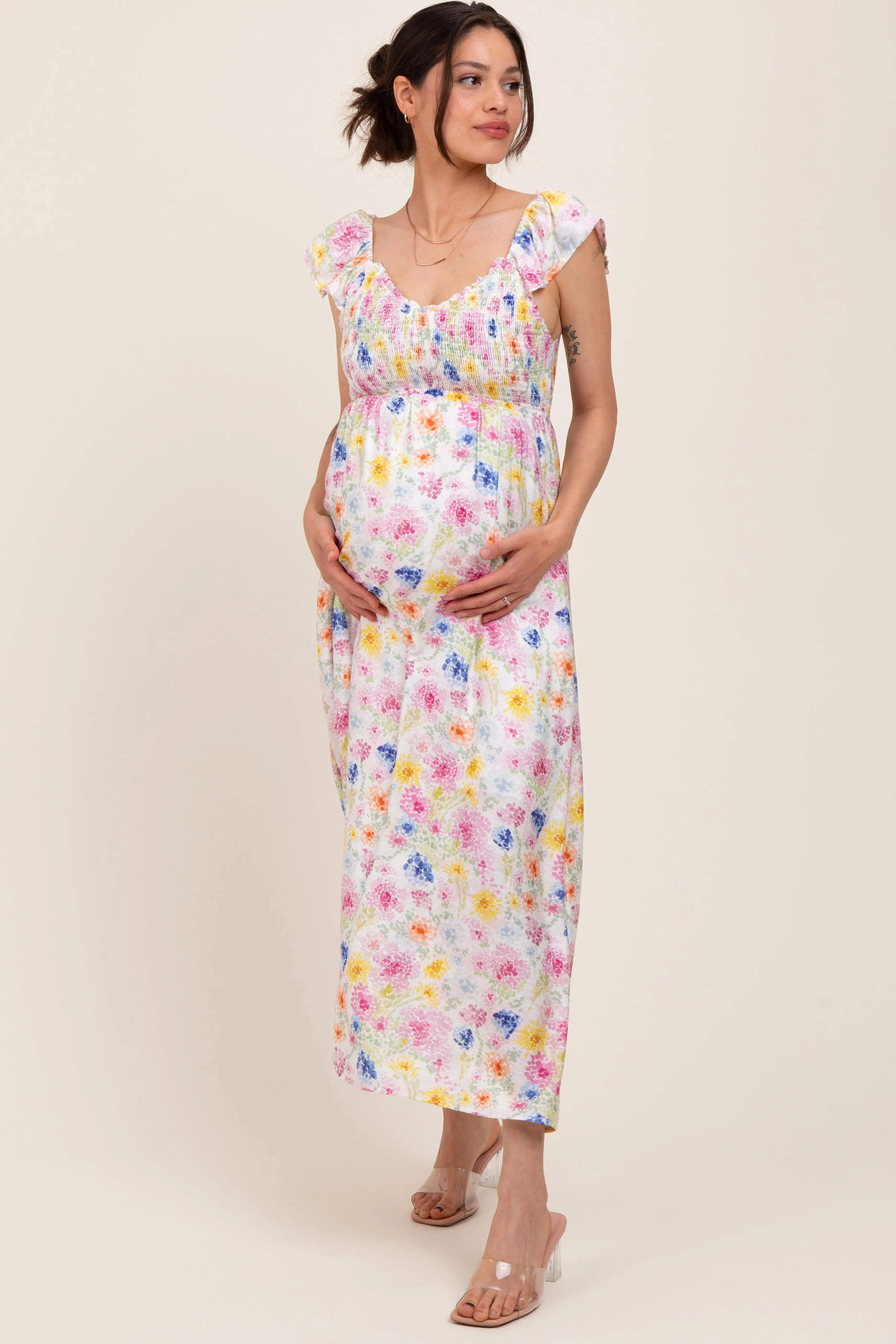 Multi Color Floral Smocked Back Bow Maternity Maxi Dress sold by Pinkblush