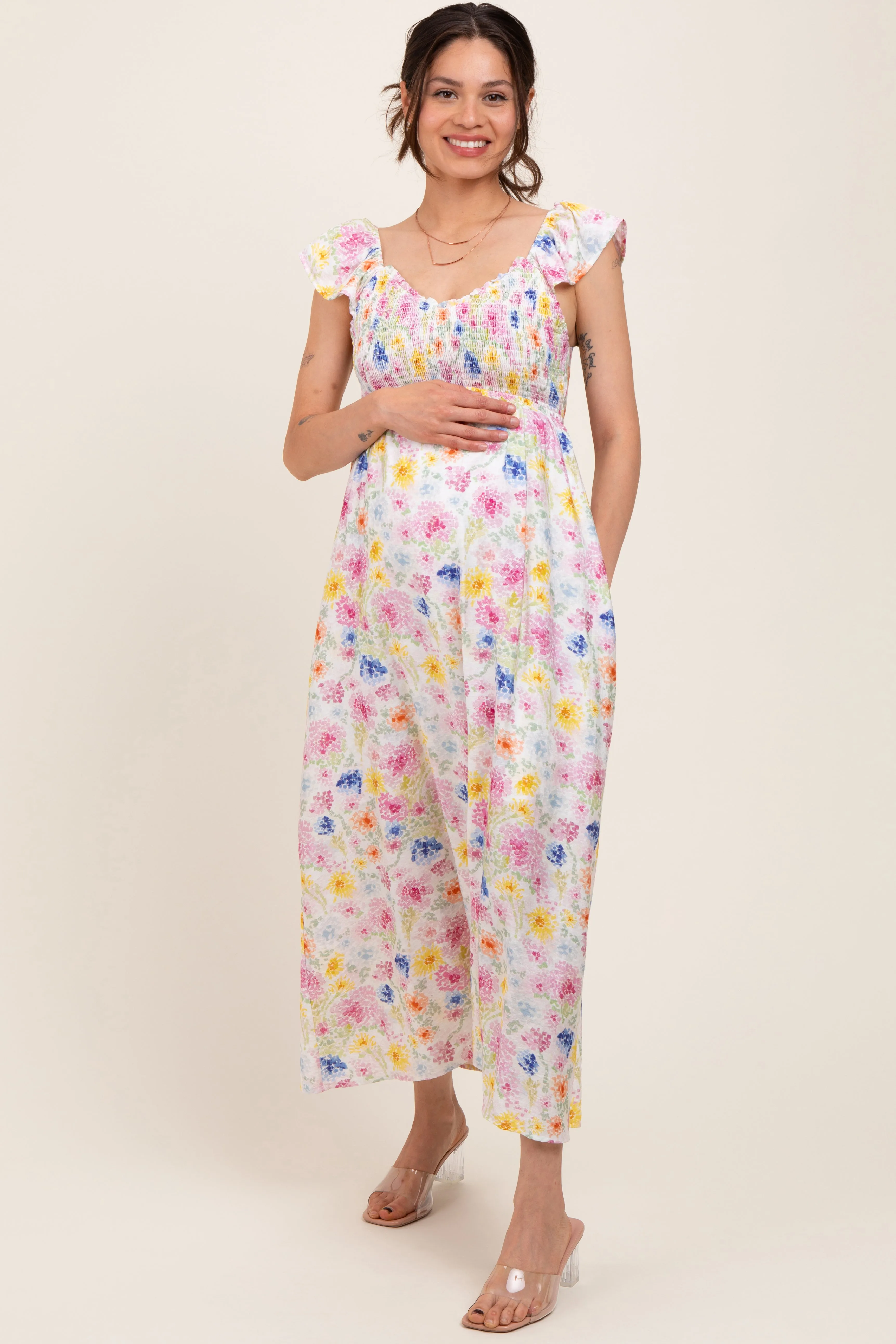 Multi Color Floral Smocked Back Bow Maternity Maxi Dress sold by Pinkblush product image thumbnail 2