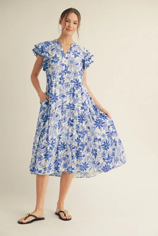 Blue Floral Ruffle Sleeve Tiered Midi Dress sold by Pinkblush