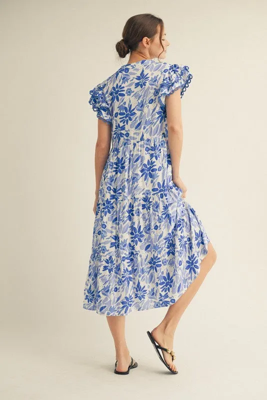 Blue Floral Ruffle Sleeve Tiered Midi Dress sold by Pinkblush product image thumbnail 2