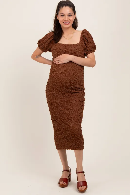 Brown Textured Square Neck Puff Sleeve Maternity Midi Dress sold by Pinkblush