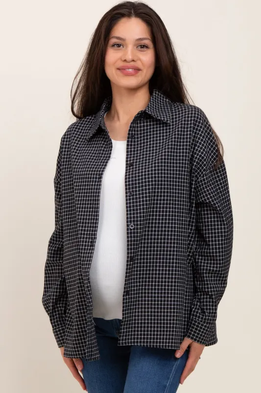 Black Oversized Grid Plaid Maternity Button Down Shirt sold by Pinkblush