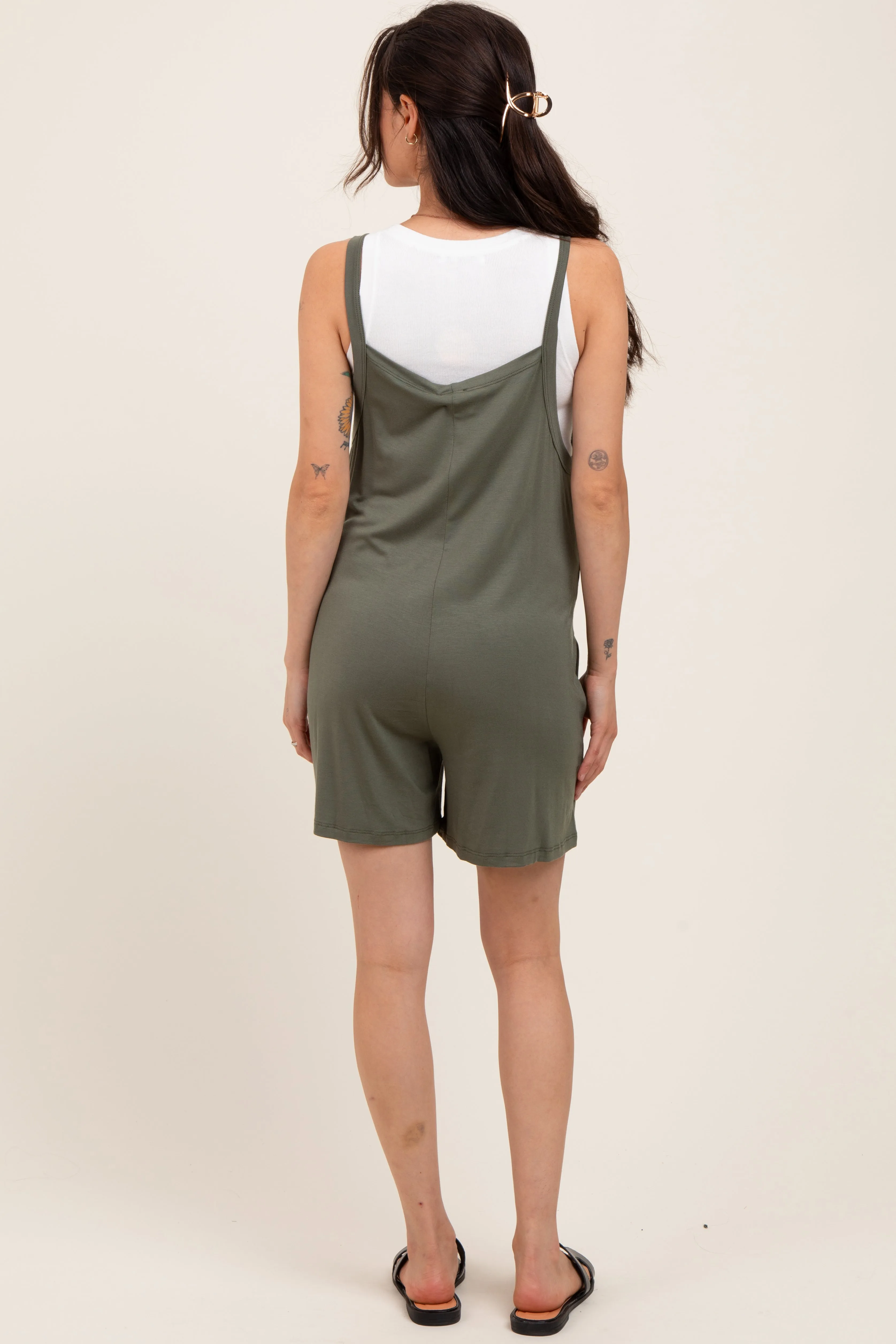 Green Olive Front Pocket Overall Knit Maternity Romper sold by Pinkblush product image thumbnail 4