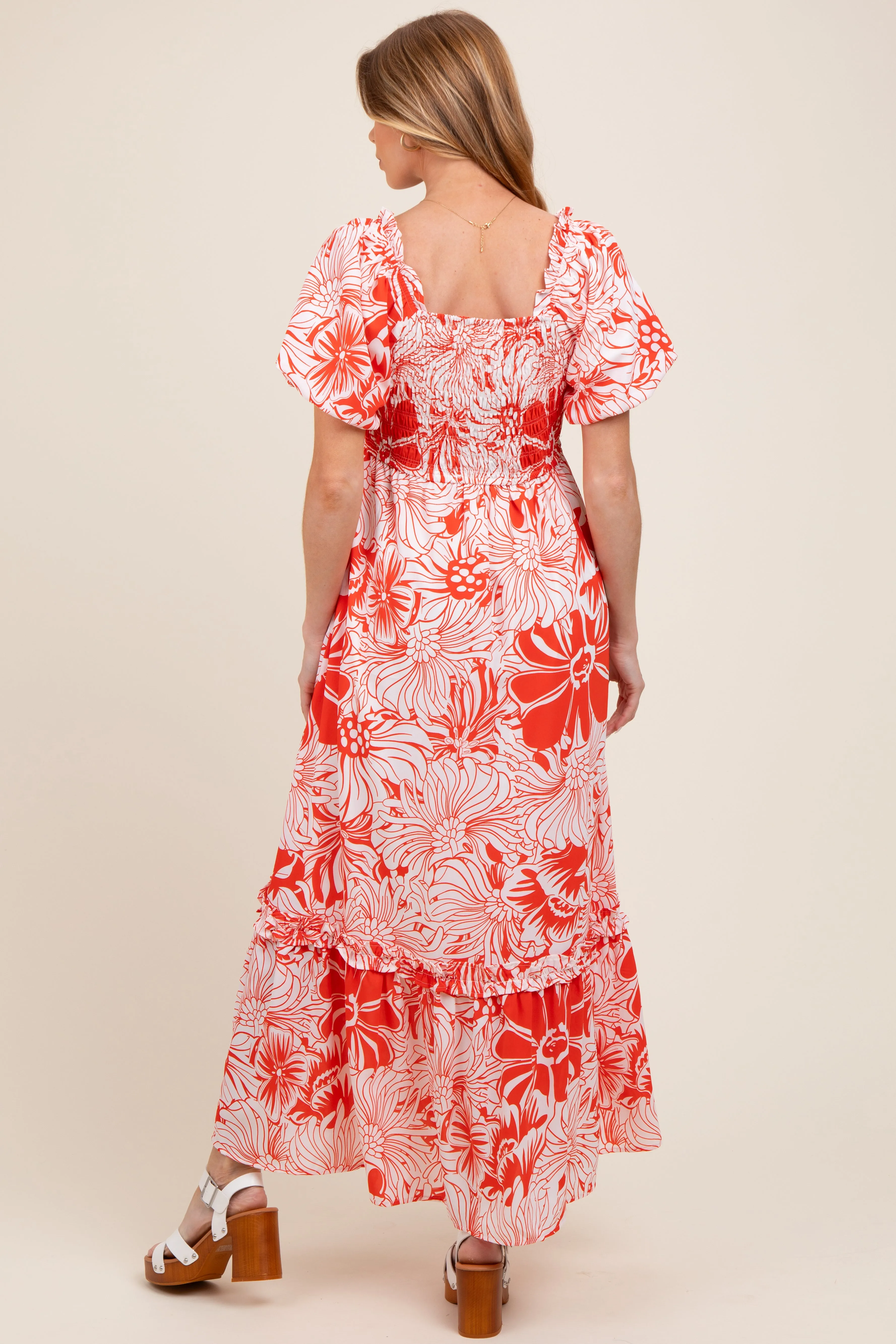 Coral Floral Print Smocked Bodice Maternity Maxi Dress sold by Pinkblush product image thumbnail 4