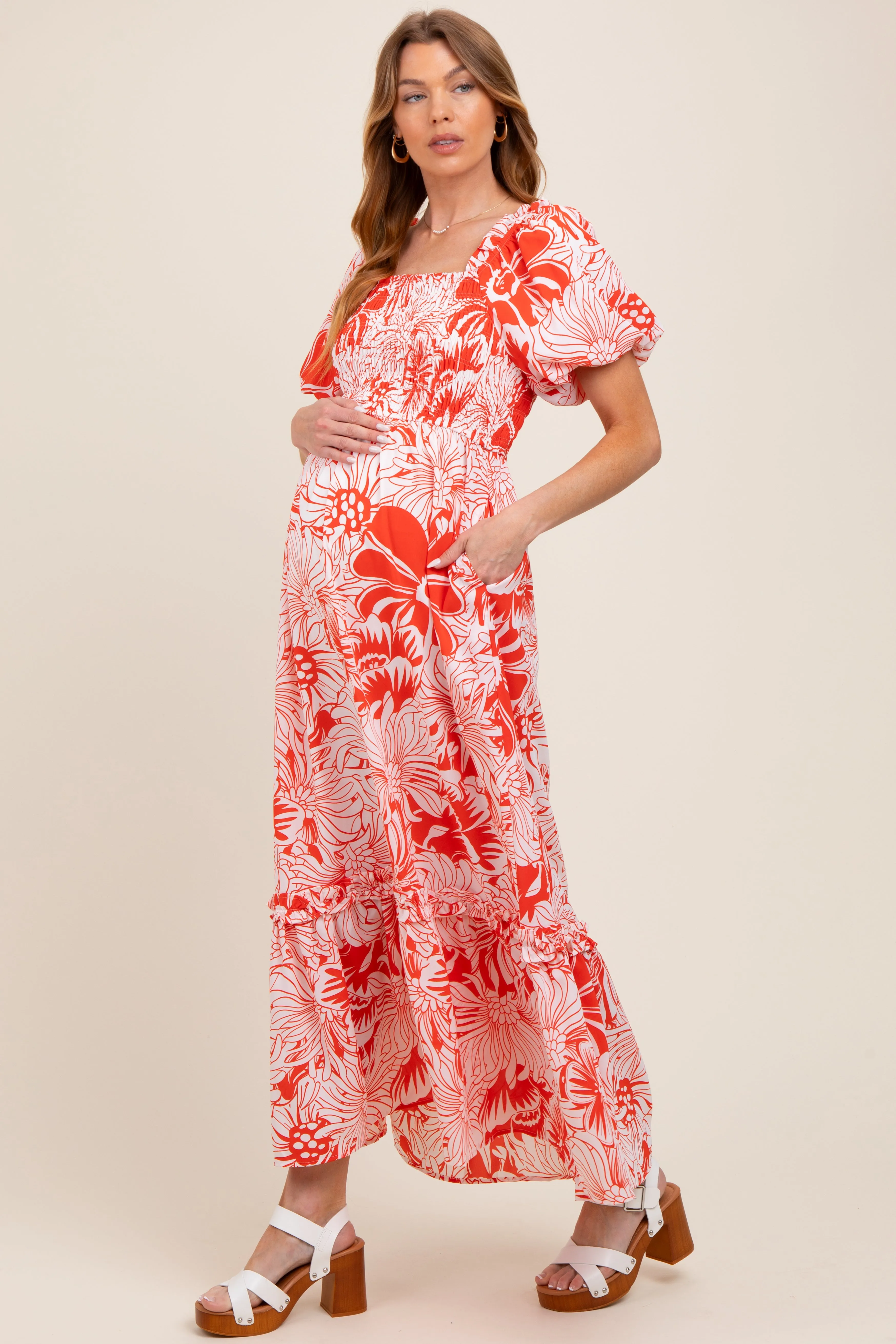 Coral Floral Print Smocked Bodice Maternity Maxi Dress sold by Pinkblush